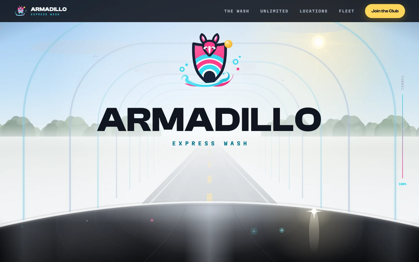 The end of the ride at 100%: the tunnel opens onto a Texas morning, blue sky, sun flaring off to the right, tree lines flanking the lot, and a two-lane road with a dashed yellow centerline running from the clean gloss-black hood straight to the horizon, the brand arriving as ARMADILLO over a tracked EXPRESS WASH beneath the armadillo shield logo while the sun throws a hot glint across the paint.