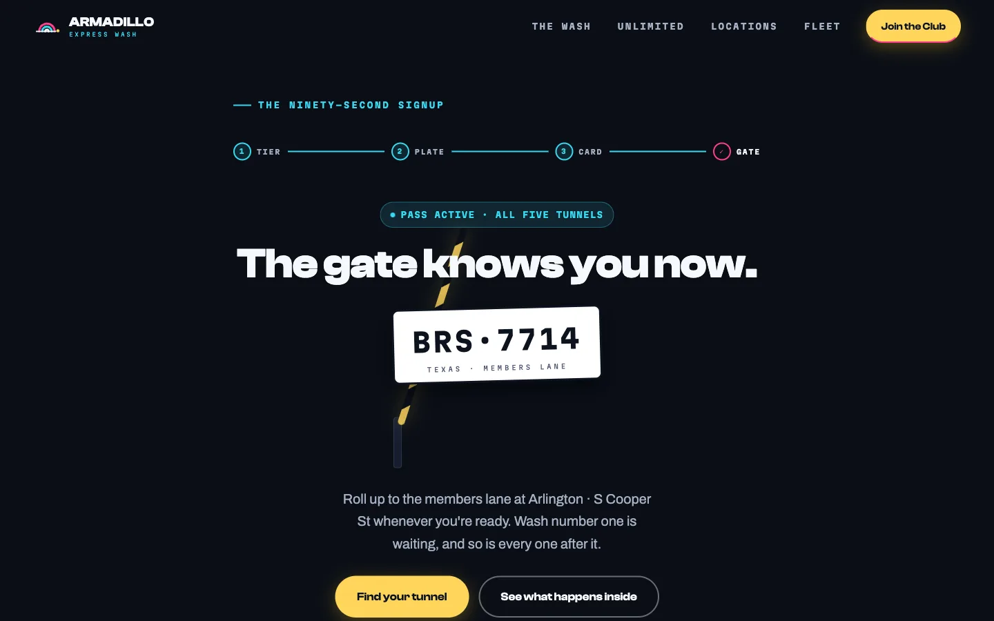 The signup confirmation: a four-step progress rail reading Tier, Plate, Card, Gate with the first three marked done, above the headline 'The gate knows you now,' a Texas plate reading BRS 7714, and a striped gate arm lifted behind the plate.
