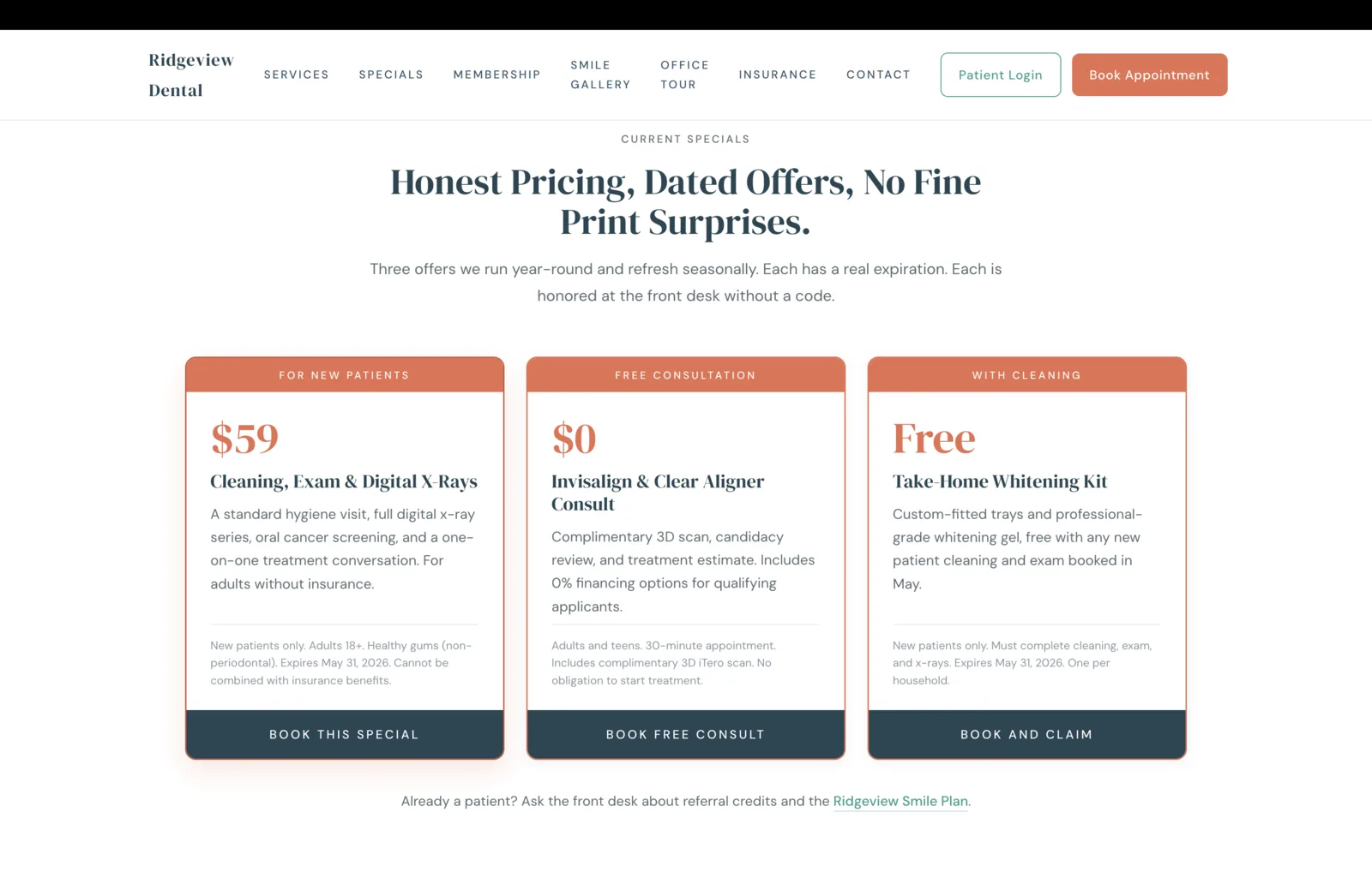 Specials section: a centered eyebrow reads Current Specials, followed by a tall serif headline that reads 'Honest Pricing, Dated Offers, No Fine Print Surprises.' A subhead explains three offers run year-round and refresh seasonally, each with a real expiration and honored at the front desk without a code. Three offer cards sit side by side, each with a coral pill across the top reading the audience tag, a tall serif price, a card title, a one-paragraph description, a fine-print eligibility line, and a dark teal Book button at the foot. Card one reads For New Patients with a $59 price for Cleaning, Exam and Digital X-Rays, fine print Adults 18 plus, healthy gums, expires May 31 2026, cannot be combined with insurance benefits, button Book This Special. Card two reads Free Consultation with a $0 price for Invisalign and Clear Aligner Consult, fine print Adults and teens, 30-minute appointment, complimentary 3D iTero scan, no obligation to start treatment, button Book Free Consult. Card three reads With Cleaning with a Free price for Take-Home Whitening Kit, fine print New patients only, must complete cleaning, exam, and x-rays, expires May 31 2026, one per household, button Book and Claim. A small line below reads 'Already a patient? Ask the front desk about referral credits and the Ridgeview Smile Plan.'
