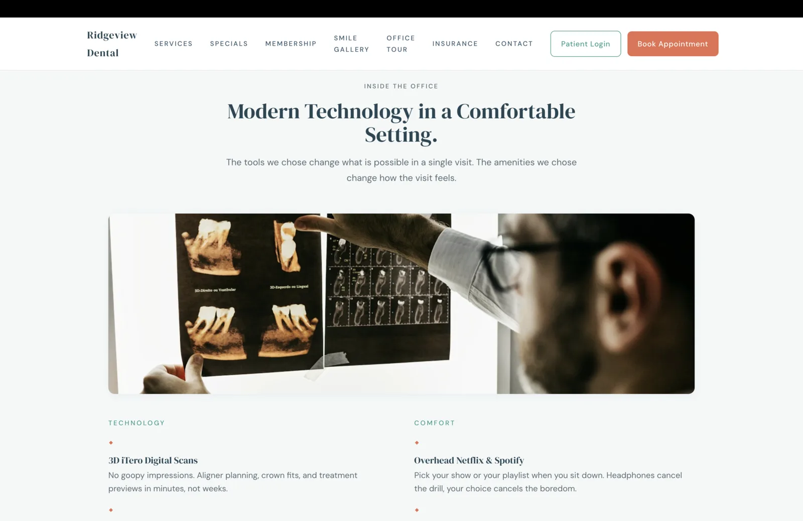 Inside the Office section: a centered eyebrow reads Inside the Office, then a tall serif headline reads 'Modern Technology in a Comfortable Setting,' with a subhead explaining the tools change what is possible in a single visit while the amenities change how the visit feels. Below, a wide editorial photograph: a dentist in glasses and a button-down shirt examines a backlit panoramic dental x-ray taped to a window, fingers pointing at a specific tooth on a 3D dental scan labeled '3D-Direito ou Vestibular' and '3D-Esquerdo ou Lingual,' with a smaller grid of intraoral views to the right. The photo is warm-toned and low-contrast, almost cinematic. Beneath the photograph, two columns open in parallel: the left column is labeled Technology in small teal caps with a coral diamond glyph beneath, then a single item visible: 3D iTero Digital Scans, with a description about no goopy impressions, aligner planning, crown fits, and treatment previews in minutes not weeks. The right column is labeled Comfort in matching small teal caps with a coral diamond, then a single item visible: Overhead Netflix and Spotify, with a description about picking your show or playlist when you sit down, with headphones to cancel the drill and the boredom.