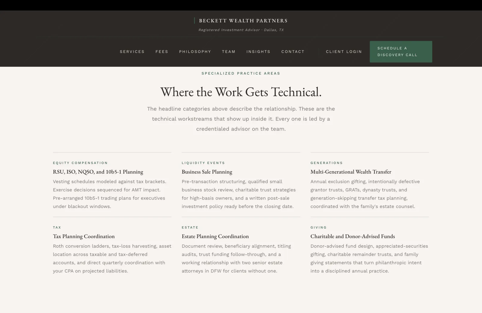 Specialized Practice Areas section: a calm cream field with a small green caps eyebrow centered reading SPECIALIZED PRACTICE AREAS, then a tall serif headline 'Where the Work Gets Technical.' A subhead in calm body serif reads 'The headline categories above describe the relationship. These are the technical workstreams that show up inside it. Every one is led by a credentialed advisor on the team.' Below, a 3x2 grid of six specialized-practice cards, each with a thin hairline divider above and a small green caps category label at the top. Top row: EQUITY COMPENSATION 'RSU, ISO, NQSO, and 10b5-1 Planning. Vesting schedules modeled against tax brackets. Exercise decisions sequenced for AMT impact. Pre-arranged 10b5-1 trading plans for executives under blackout windows.' LIQUIDITY EVENTS 'Business Sale Planning. Pre-transaction structuring, qualified small business stock review, charitable trust strategies for high-basis owners, and a written post-sale investment policy ready before the closing date.' GENERATIONS 'Multi-Generational Wealth Transfer. Annual exclusion gifting, intentionally defective grantor trusts, GRATs, dynasty trusts, and generation-skipping transfer tax planning, coordinated with the family estate counsel.' Bottom row: TAX 'Tax Planning Coordination. Roth conversion ladders, tax-loss harvesting, asset location across taxable and tax-deferred accounts, and direct quarterly coordination with your CPA on projected liabilities.' ESTATE 'Estate Planning Coordination. Document review, beneficiary alignment, titling audits, trust funding follow-through, and a working relationship with two senior estate attorneys in DFW for clients without one.' GIVING 'Charitable and Donor-Advised Funds. Donor-advised fund design, appreciated-securities gifting, charitable remainder trusts, and family giving statements that turn philanthropic intent into a disciplined annual practice.'
