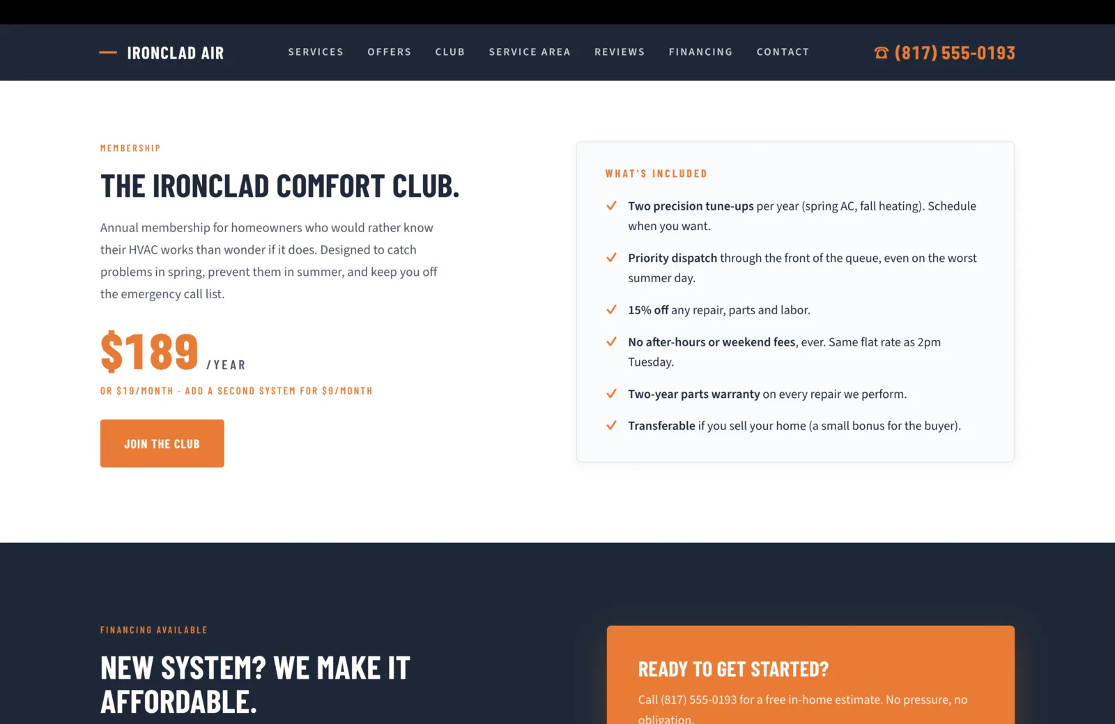 Sección Comfort Club Membership: un campo blanco limpio con un rótulo naranja pequeño que dice Membership, luego un titular azul marino en negrita que dice "The Ironclad Comfort Club." Columna izquierda: un párrafo dice "Annual membership for homeowners who would rather know their HVAC works than wonder if it does. Designed to catch problems in spring, prevent them in summer, and keep you off the emergency call list." Un bloque de precio naranja grande dice $189 al año, con una línea naranja pequeña debajo que dice "Or $19 per month, add a second system for $9 per month." Un botón naranja sólido de Join the Club va debajo. Columna derecha: una tarjeta gris serena titulada What's Included en versales naranjas, con seis renglones de beneficio separados por filetes, cada uno abriendo con una palomita naranja. Dos mantenimientos de precisión al año, aire en primavera y calefacción en otoño, agendados cuando usted quiera. Despacho prioritario al frente de la fila, incluso el peor día del verano. 15 por ciento de descuento en cualquier reparación, refacciones y mano de obra. Nunca cargos fuera de horario ni de fin de semana, la misma tarifa plana que un martes a las 2 de la tarde. Garantía de dos años en refacciones de toda reparación que hagamos. Transferible si vende su casa, un pequeño extra para el comprador.