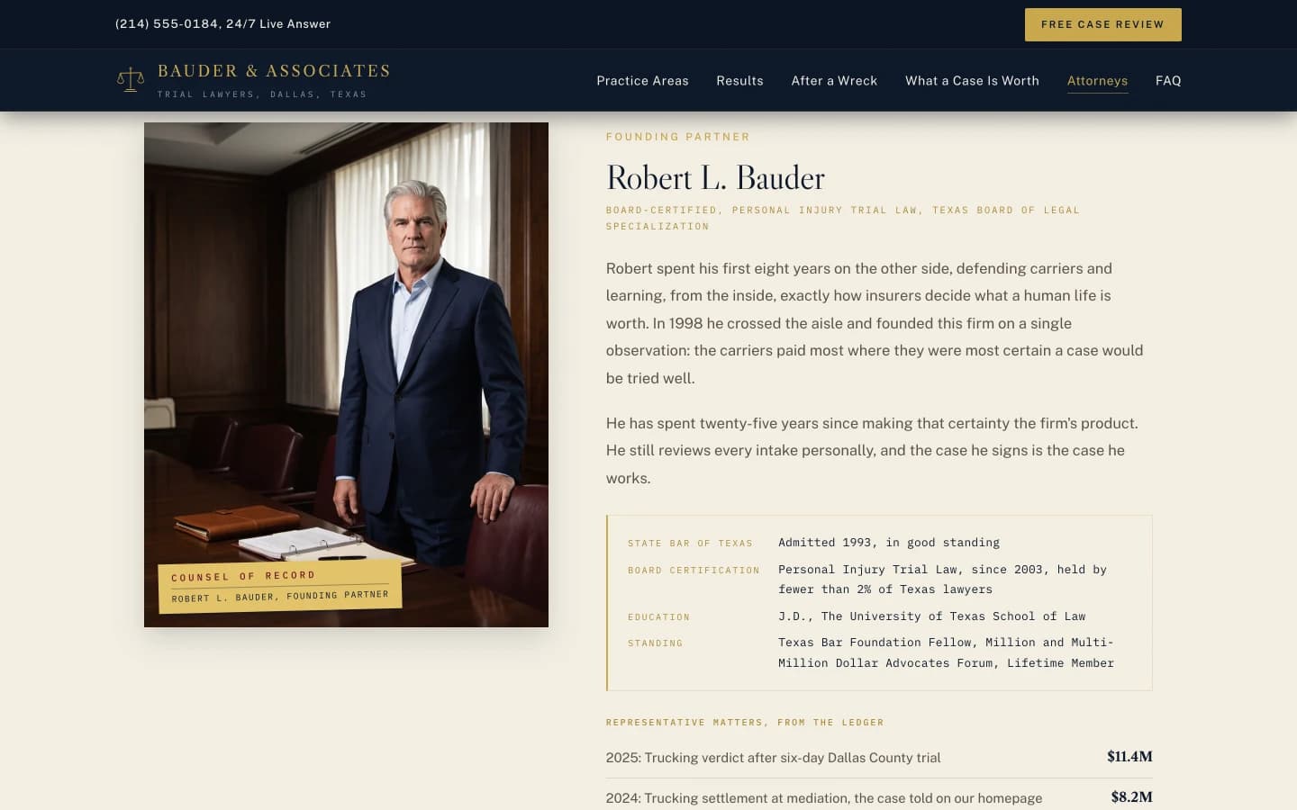 The founding partner's profile: the library portrait beside a credential block set in mono, State Bar admitted 1993, board certification in Personal Injury Trial Law since 2003, education, and representative matters drawn from the ledger with their dollar results.