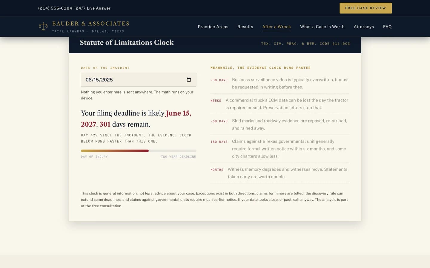 El reloj de prescripción: un campo de fecha que dice 06/15/2025, el veredicto 'Your filing deadline is likely June 15, 2027. 301 days remain.', una barra de progreso de dorado a sangre de toro, y a su lado el registro de caducidad de evidencia que lista el video de vigilancia a treinta días, los datos de la computadora del vehículo en semanas, y el aviso a entidades gubernamentales a 180 días.