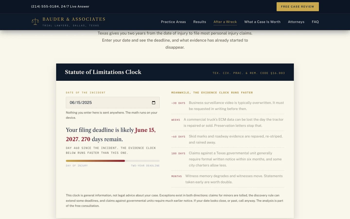 The statute-of-limitations clock: a date input reading 06/15/2025, the verdict 'Your filing deadline is likely June 15, 2027. 270 days remain.', a gold-to-oxblood progress bar, and beside it the evidence-decay ledger listing surveillance video at thirty days, ECM data in weeks, and governmental notice at 180 days.