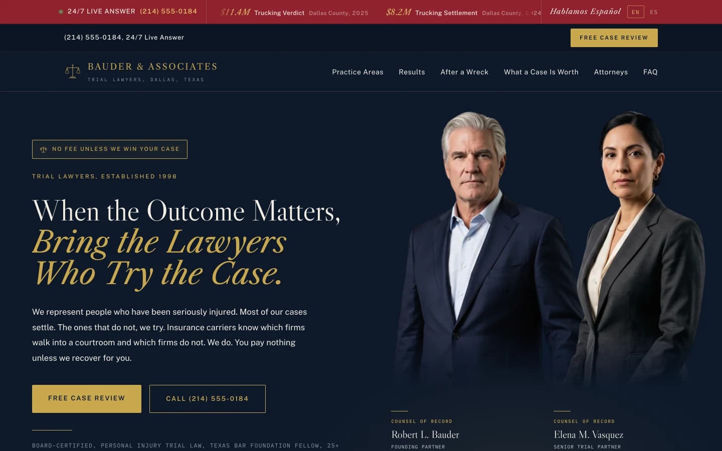 Personal injury law design brief layout, with verdicts ledger and bilingual urgent strip