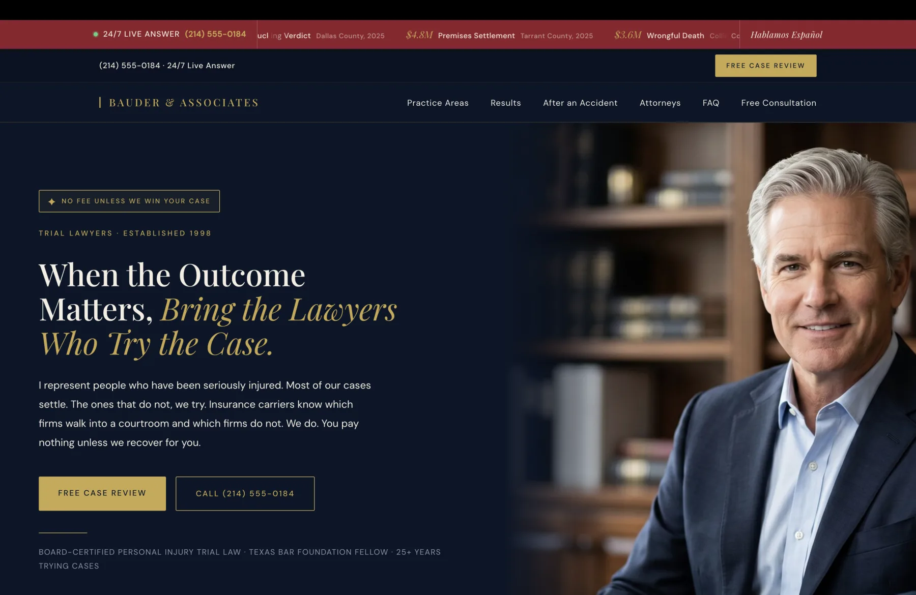 Personal injury law design brief layout, with verdicts ledger and bilingual urgent strip
