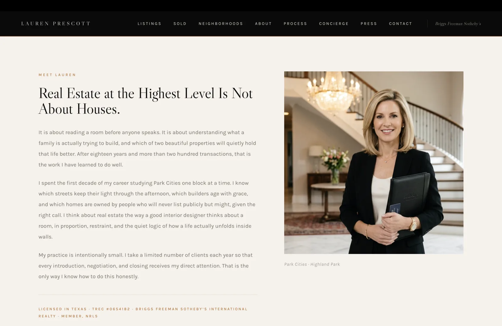 Meet Lauren section: portrait of the agent set against a calm interior with a chandelier, alongside an editorial first-person bio under the heading "Real Estate at the Highest Level Is Not About Houses." Compliance line at the foot reads Licensed in Texas, TREC #0654182, Briggs Freeman Sotheby's International Realty, Member NRLS.