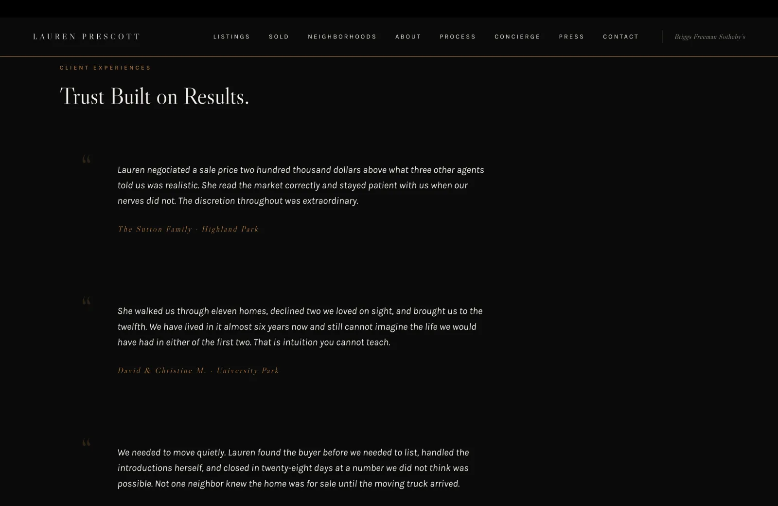 Client Experiences section: three testimonials on a black field under the heading "Trust Built on Results." Quotes attributed to The Sutton Family from Highland Park, David and Christine M. from University Park, and a third family. Each quote is specific and concrete, set in serif italics with quiet attribution beneath. No five-star icons, no review badges.