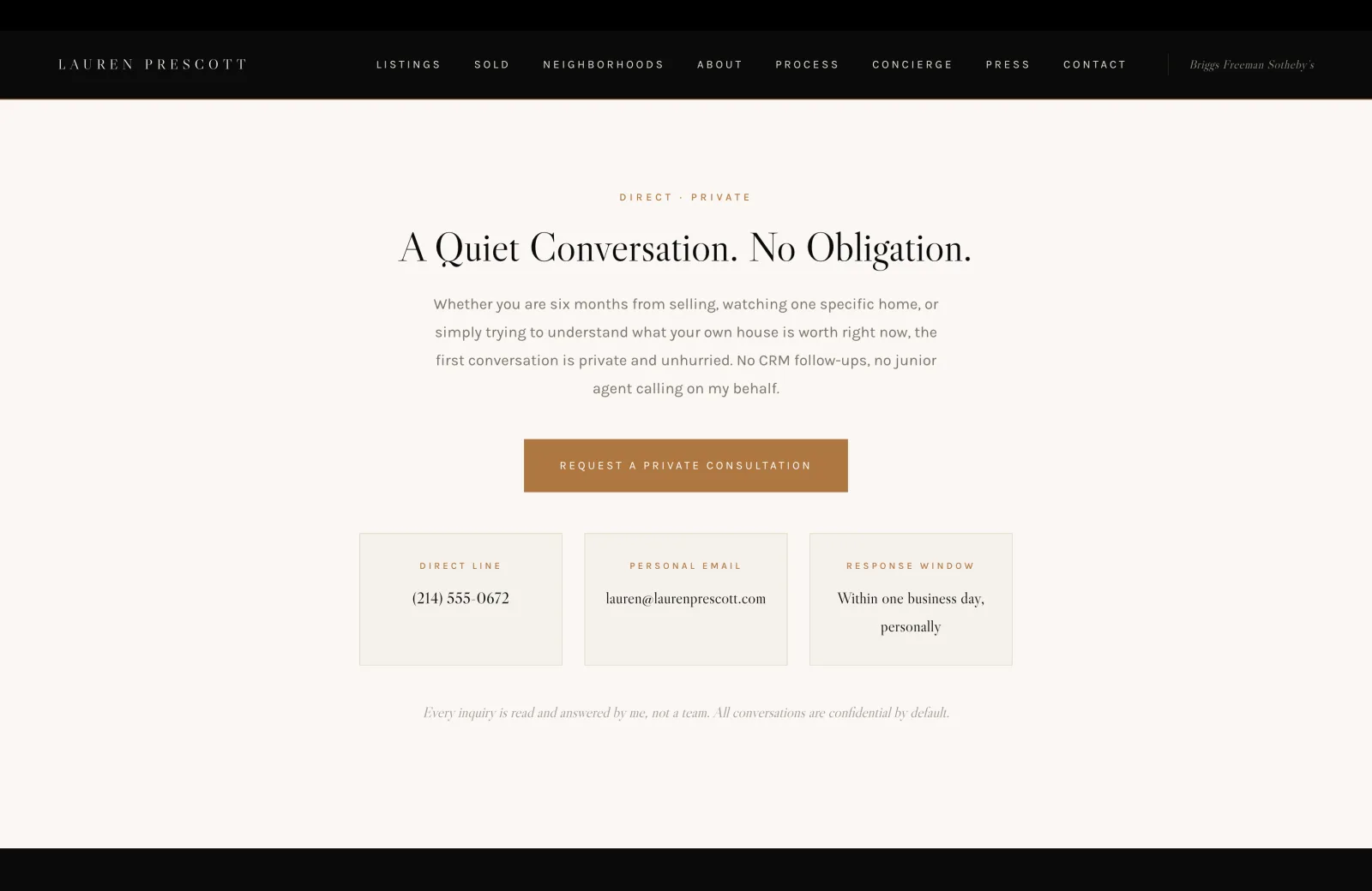 Contact section: a centered headline "A Quiet Conversation. No Obligation." with a short paragraph explaining the first conversation is private and unhurried, no CRM follow-ups, no junior agent calling on behalf. A primary CTA "Request a Private Consultation" in the brand orange. Below, three bordered cards in a single row: Direct Line with a phone number, Personal Email with the agent's address, and Response Window listing "Within one business day, personally." An italic line below reads "Every inquiry is read and answered by me, not a team. All conversations are confidential by default."