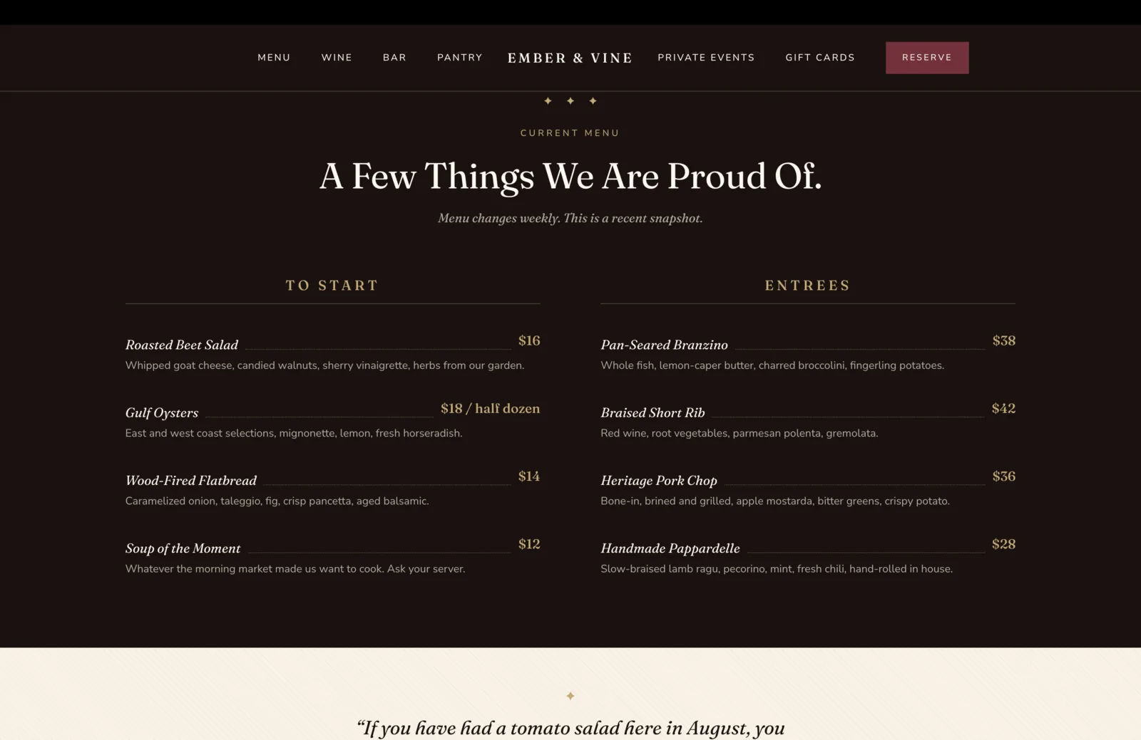 Menu section: a deep oxblood field with a centered three-diamond gold ornament, a small gold-on-oxblood eyebrow reading Current Menu, then a tall cream serif headline reading "A Few Things We Are Proud Of." A small italic burgundy line beneath reads "Menu changes weekly. This is a recent snapshot." Below, two columns set in editorial menu typography. Left column under the gold caps header To Start lists four items, each with an italic dish name on the left, a dotted leader line, and a gold price on the right, with a calm pale description beneath: Roasted Beet Salad, $16, whipped goat cheese, candied walnuts, sherry vinaigrette, herbs from our garden; Gulf Oysters, $18 per half dozen, east and west coast selections, mignonette, lemon, fresh horseradish; Wood-Fired Flatbread, $14, caramelized onion, taleggio, fig, crisp pancetta, aged balsamic; Soup of the Moment, $12, whatever the morning market made us want to cook, ask your server. Right column under the gold caps header Entrees lists four items in the same form: Pan-Seared Branzino, $38, whole fish, lemon-caper butter, charred broccolini, fingerling potatoes; Braised Short Rib, $42, red wine, root vegetables, parmesan polenta, gremolata; Heritage Pork Chop, $36, bone-in, brined and grilled, apple mostarda, bitter greens, crispy potato; Handmade Pappardelle, $28, slow-braised lamb ragu, pecorino, mint, fresh chili, hand-rolled in house.