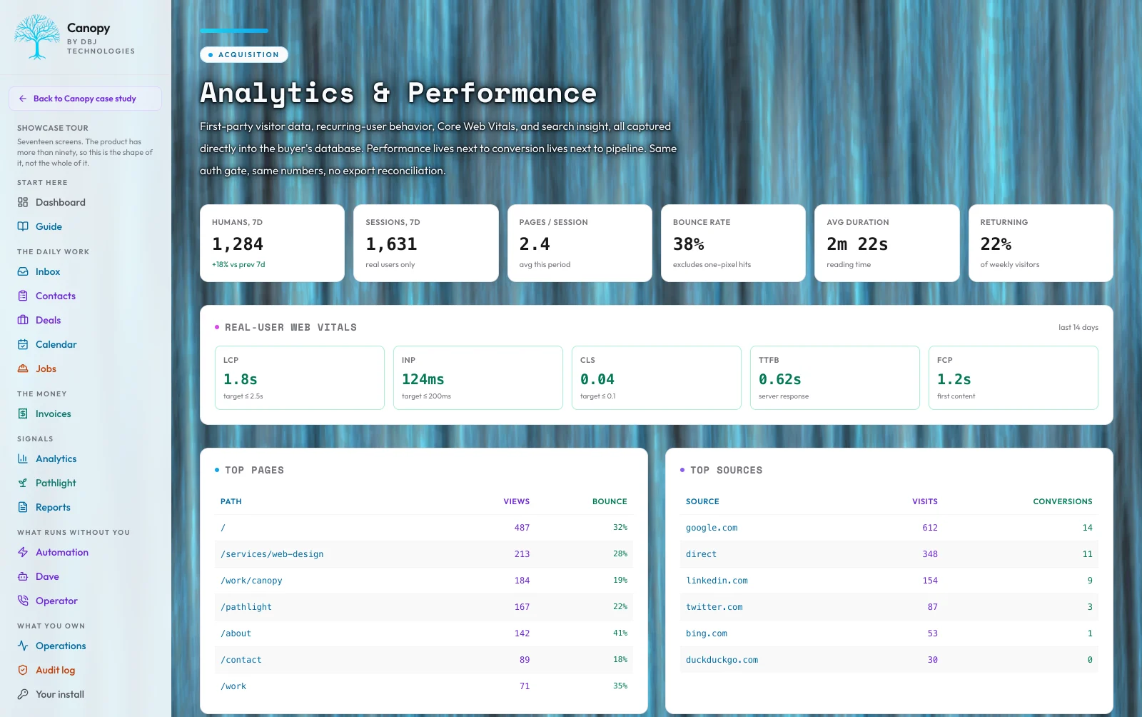 Canopy Analytics and Performance dashboard showing first-party visitor counts, real-user Web Vitals, top pages, and top sources