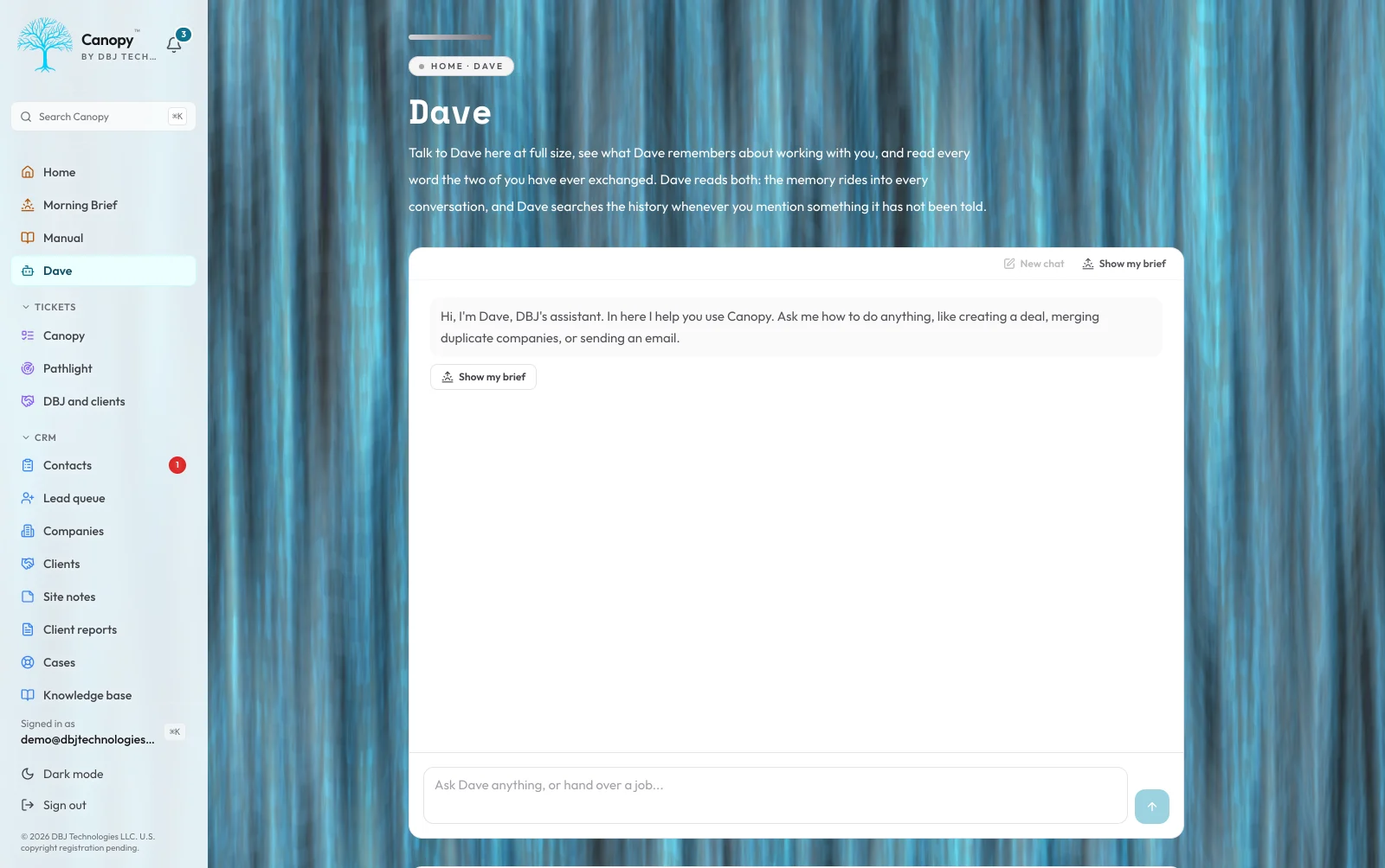 Canopy assistant answering a question from the money records, beside its action lanes, a staged confirm-first email card, and the AI gate showing the master switch, features on, monthly budget and spend