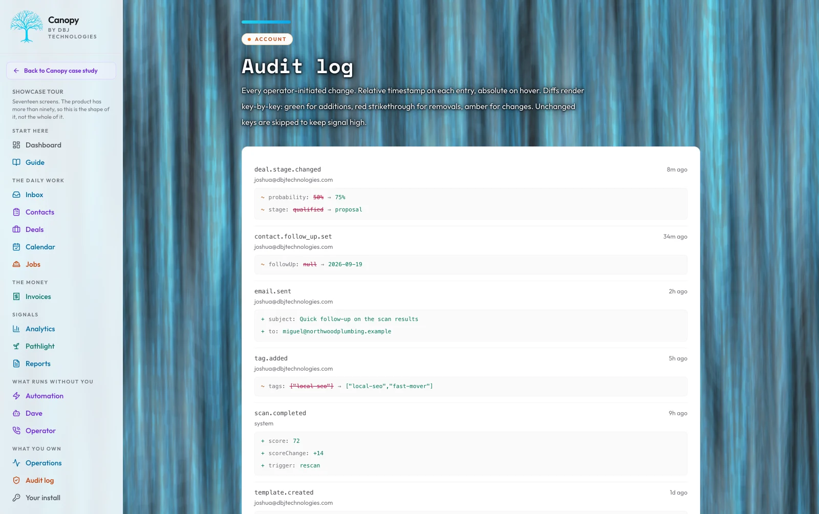 Canopy Audit log entries showing deal stage changes, contact follow-up updates, email sends, tag edits, and scan completions with key-by-key diffs
