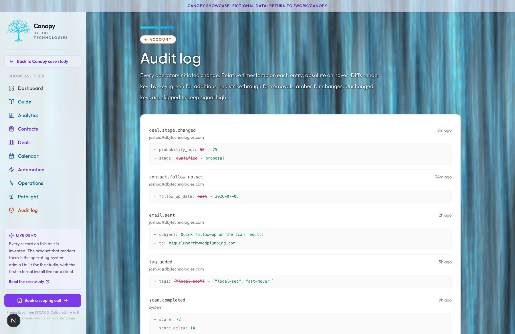 Canopy Audit log entries showing deal stage changes, contact follow-up updates, email sends, tag edits, and scan completions with key-by-key diffs