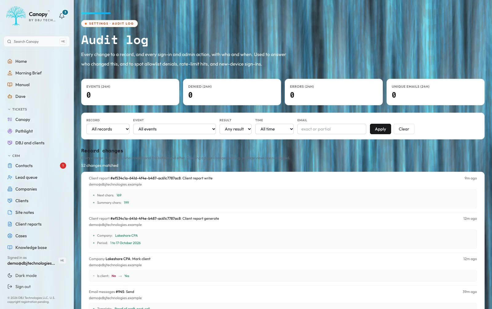 Canopy Audit log entries showing deal stage changes, contact follow-up updates, email sends, tag edits, and scan completions with key-by-key diffs