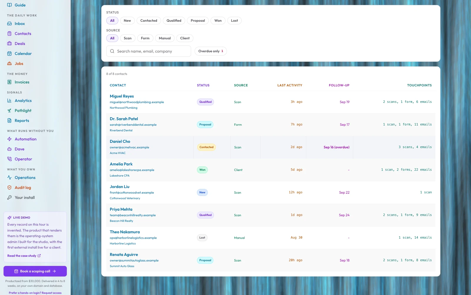 The Canopy contacts roster filtered by status and source, each row carrying the company, the stage, where the contact came from, last activity, the follow-up date with one marked overdue, and a count of scans, forms and emails already on that person's timeline
