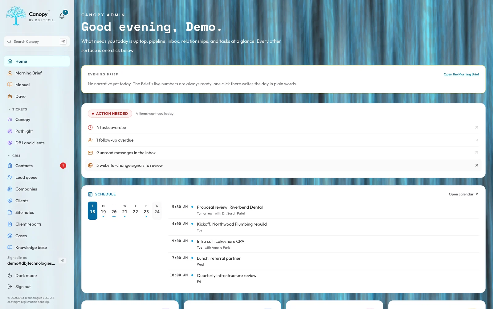 The Canopy dashboard: a morning brief naming the two things that want attention today, the week's schedule, and pipeline, inbox, relationship and task cards side by side, with the whole product's navigation down the left