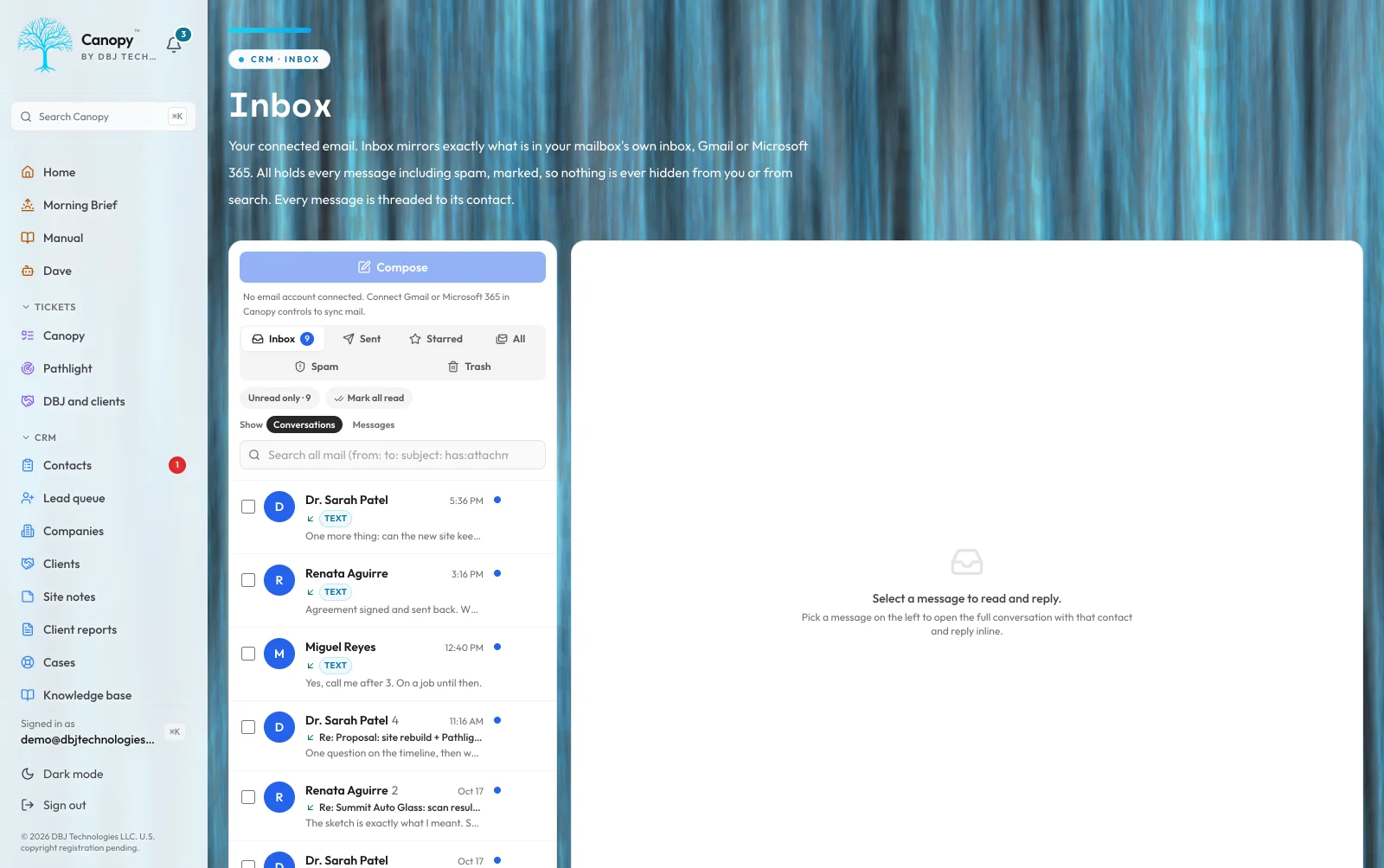 Canopy Inbox showing two connected mailboxes, folder tabs, Gmail labels with counts, a message list, and an open conversation with its reply composer