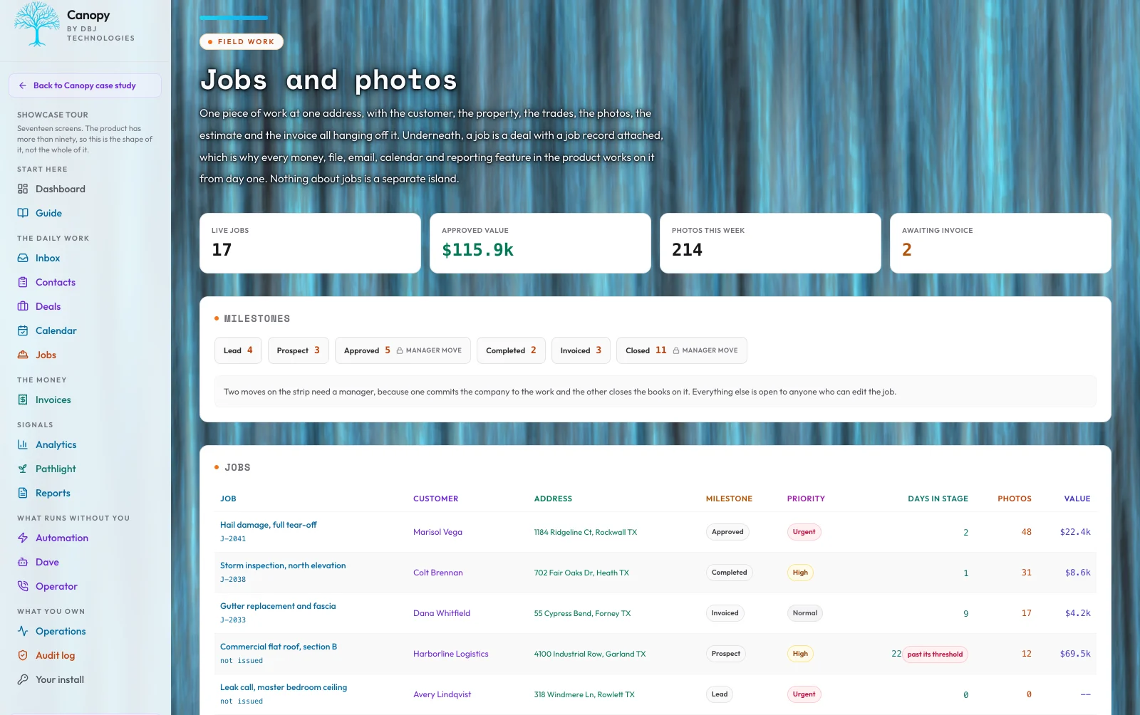 Canopy Jobs view showing the milestone strip with live counts, a jobs table with priority and days in stage, and a photo wall with album chips, capture times, and an offline upload queue
