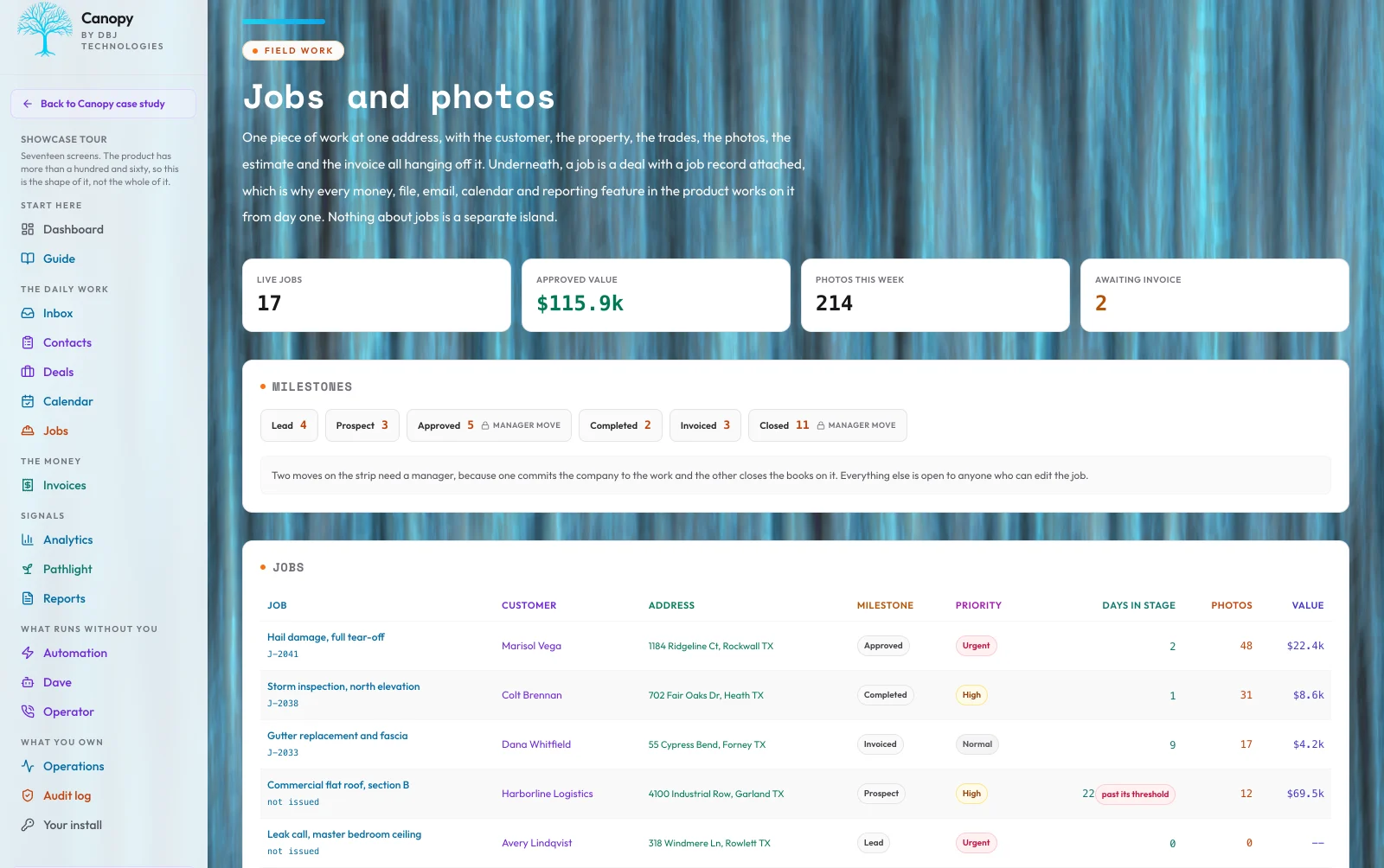 Canopy Jobs view showing the milestone strip with live counts, a jobs table with priority and days in stage, and a photo wall with album chips, capture times, and an offline upload queue