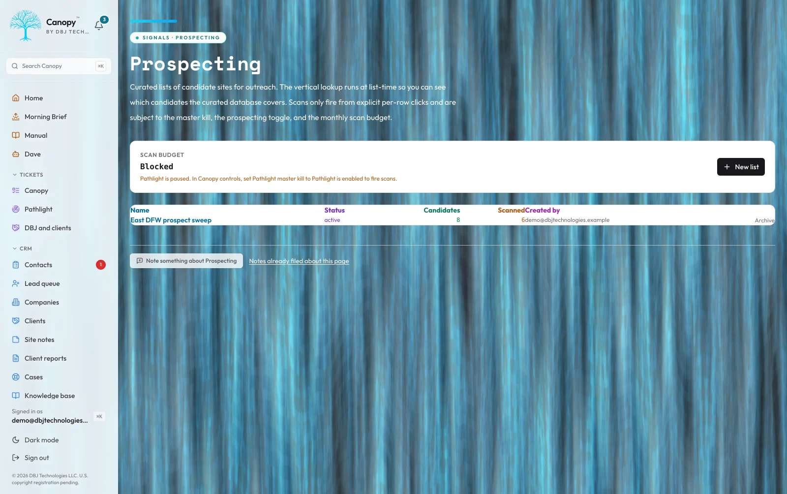 Canopy Pathlight Integration view showing the guardrails panel (cost ceiling, trigger rules, coverage status), plus a prospecting candidates table with scan scores and outreach status