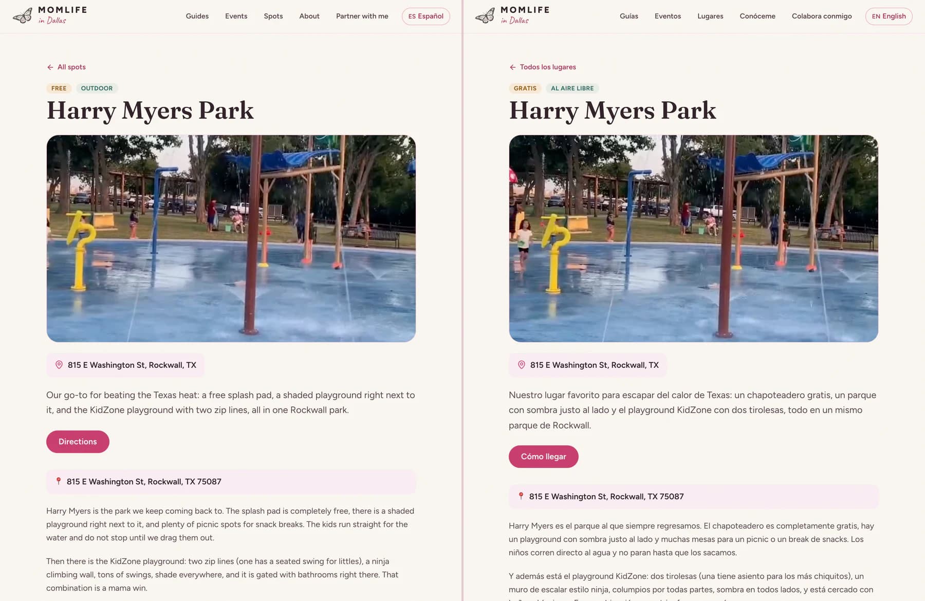 The same Momlife in Dallas place page side by side in English and Spanish, with matching layout, navigation and visit notes in both.