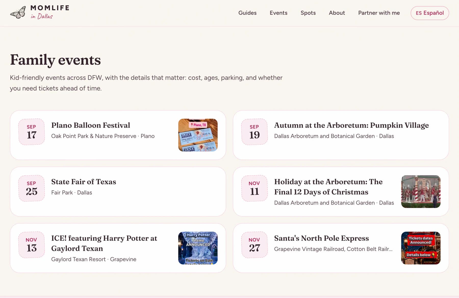 The Momlife in Dallas events calendar, listing dated DFW family events with their venue and city.