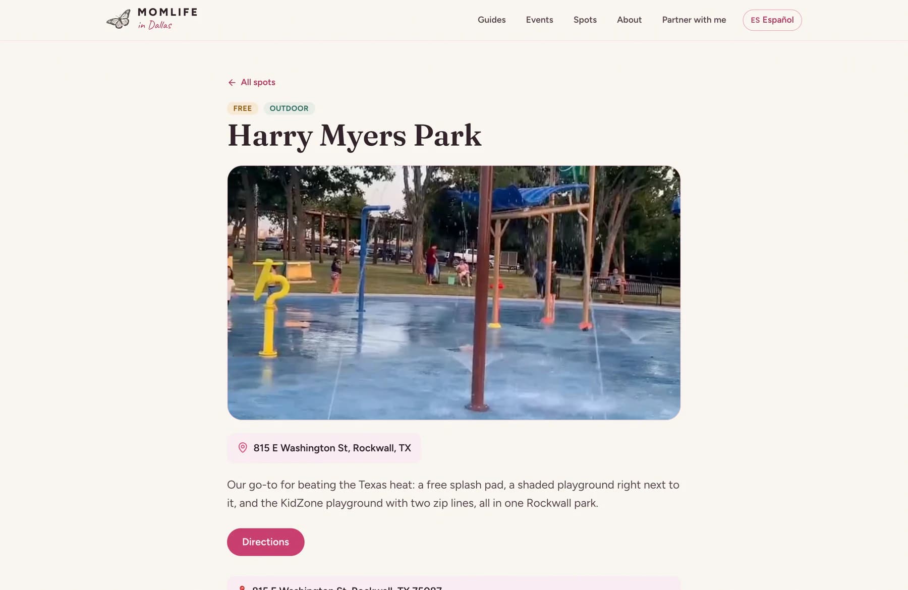 A Momlife in Dallas place page for Harry Myers Park in Rockwall, showing the free and outdoor tags, the street address, and the visit notes underneath.