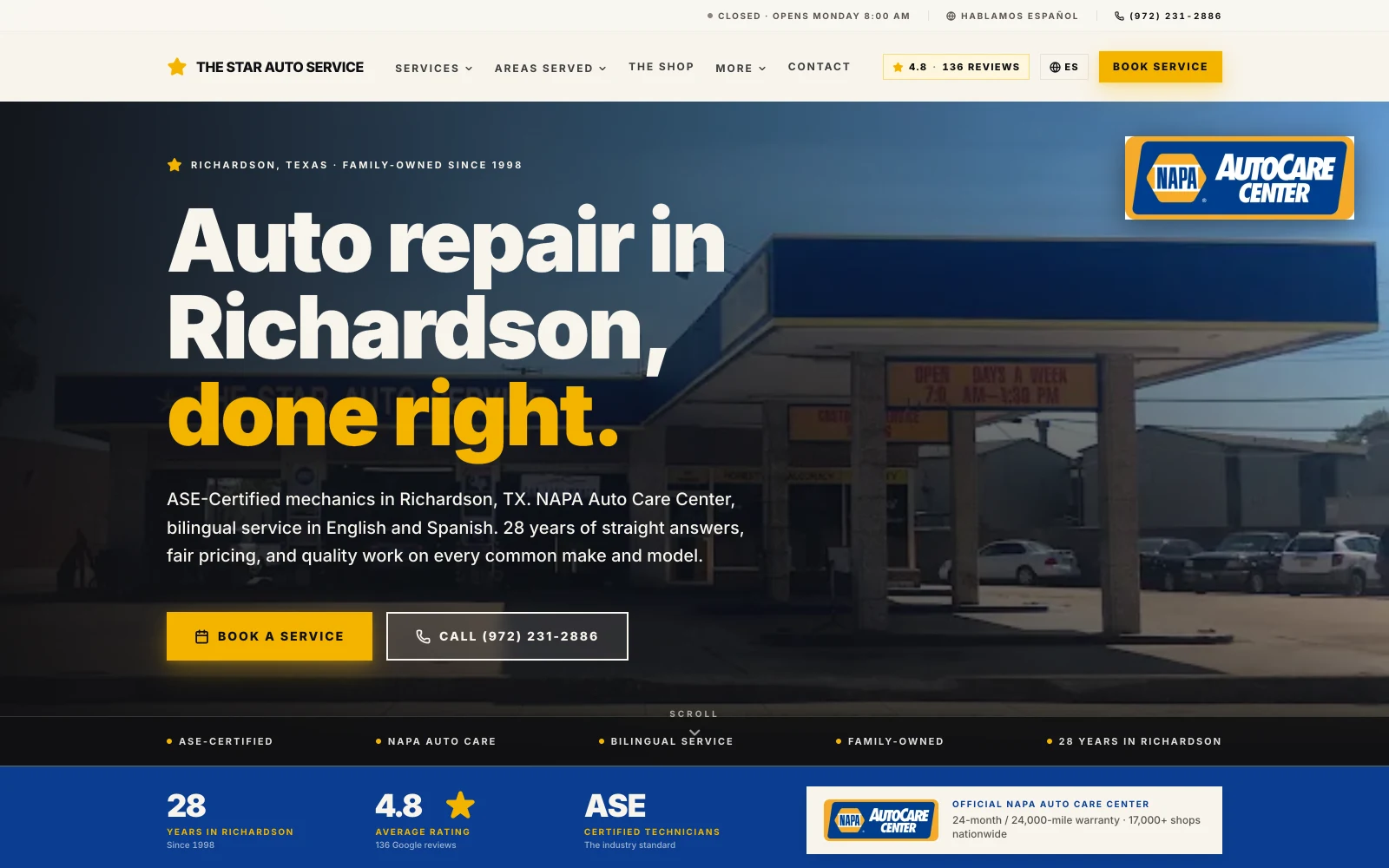 Star Auto Service site in production, showing the homepage hero