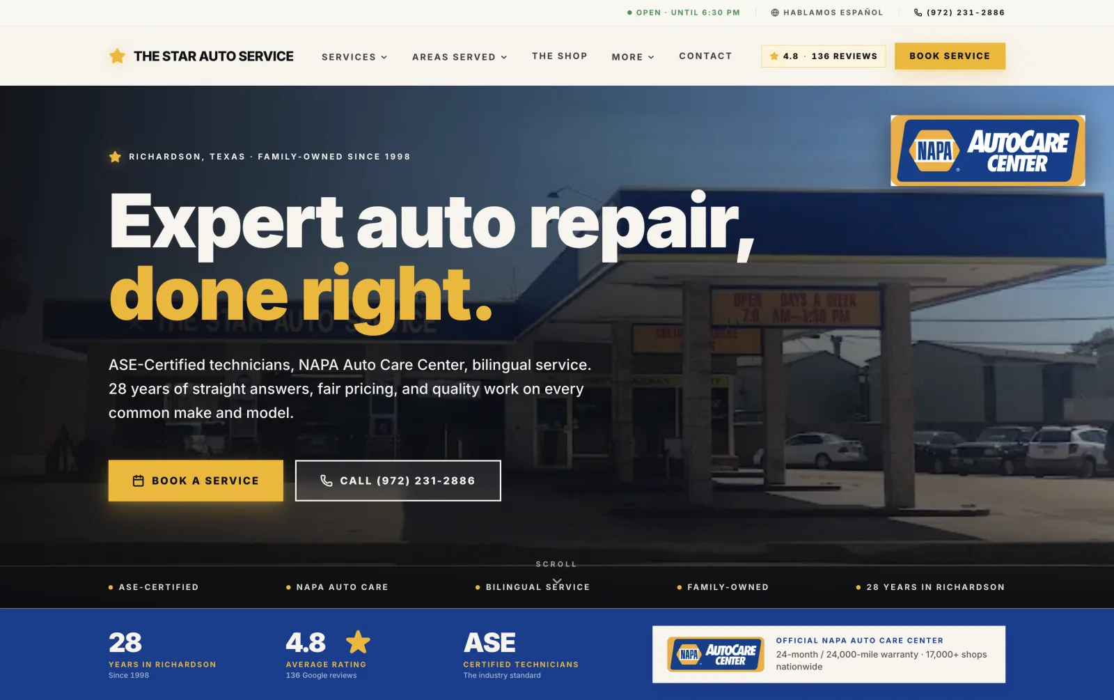Star Auto Service site in production, showing the homepage hero