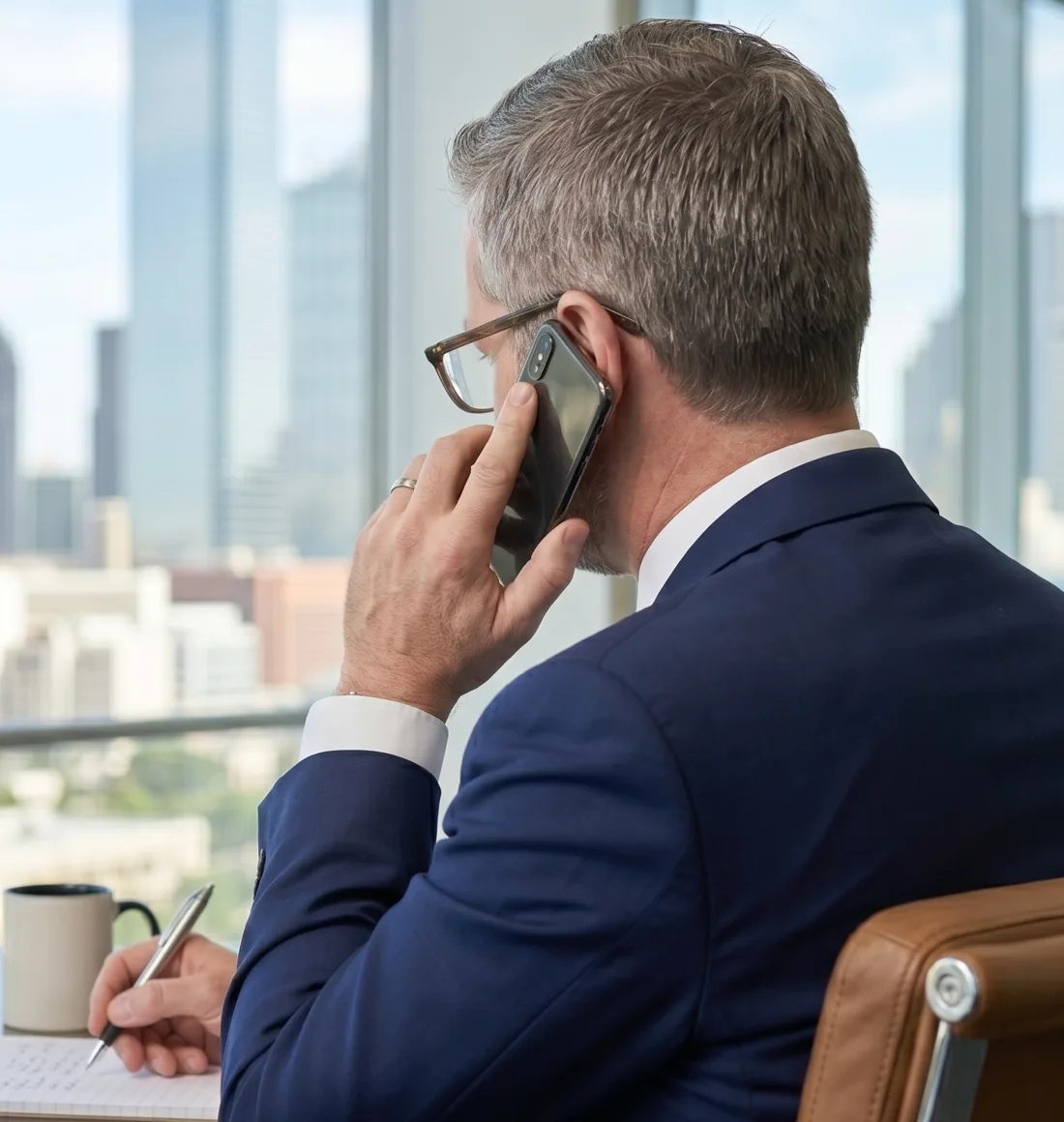 A CPA on a client call at a desk overlooking the downtown Dallas skyline.