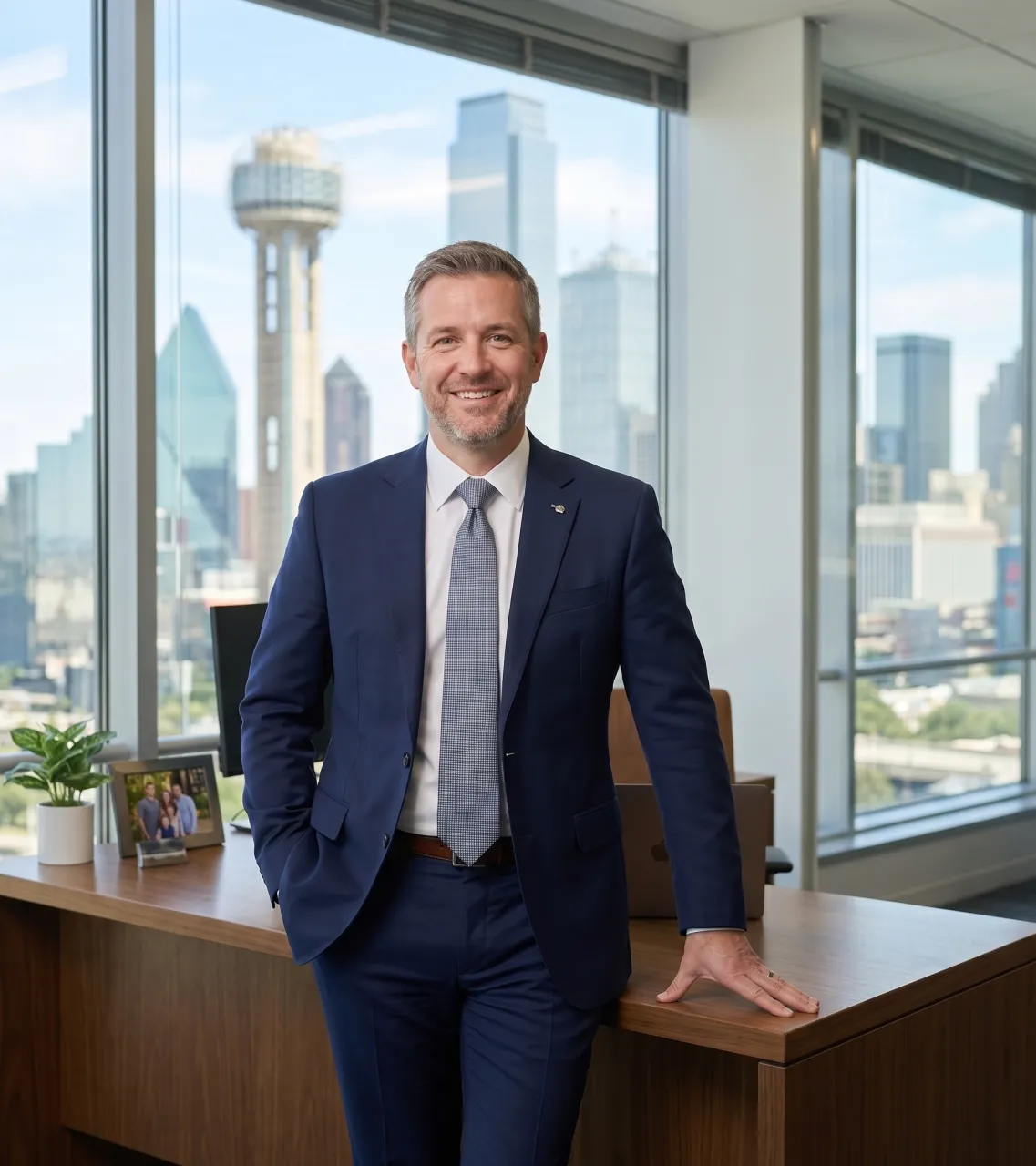 Michael R. Cowell in the Cowell and Co. office, the downtown Dallas skyline through the windows behind him.