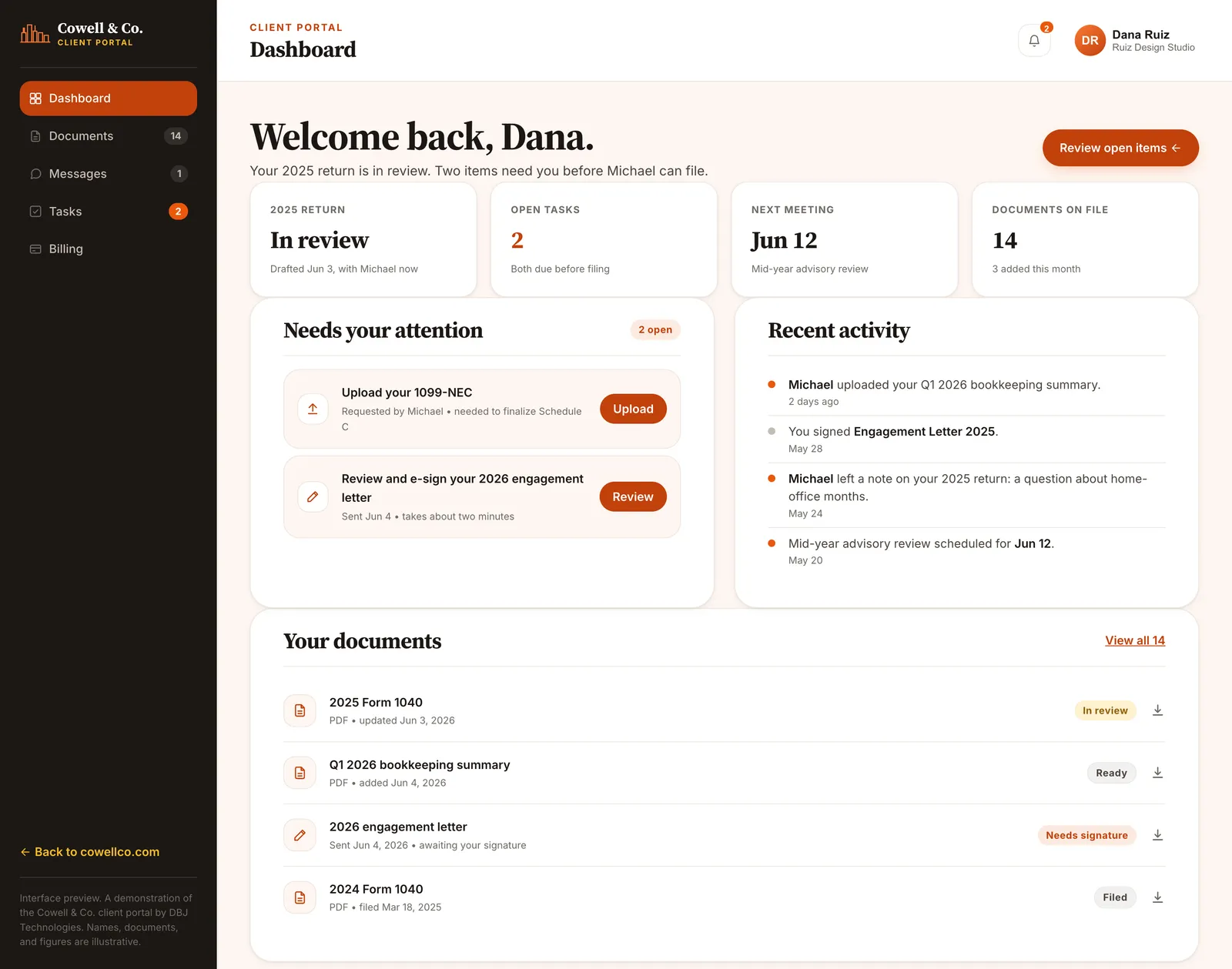 The Cowell and Co. client portal dashboard: return status, open tasks, recent activity, and documents on file.