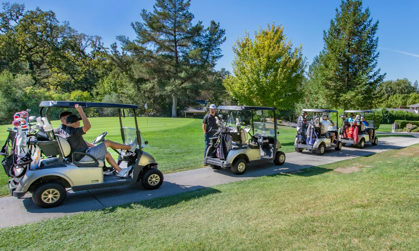 Golf carts staged along the cart path beside a green before a round.