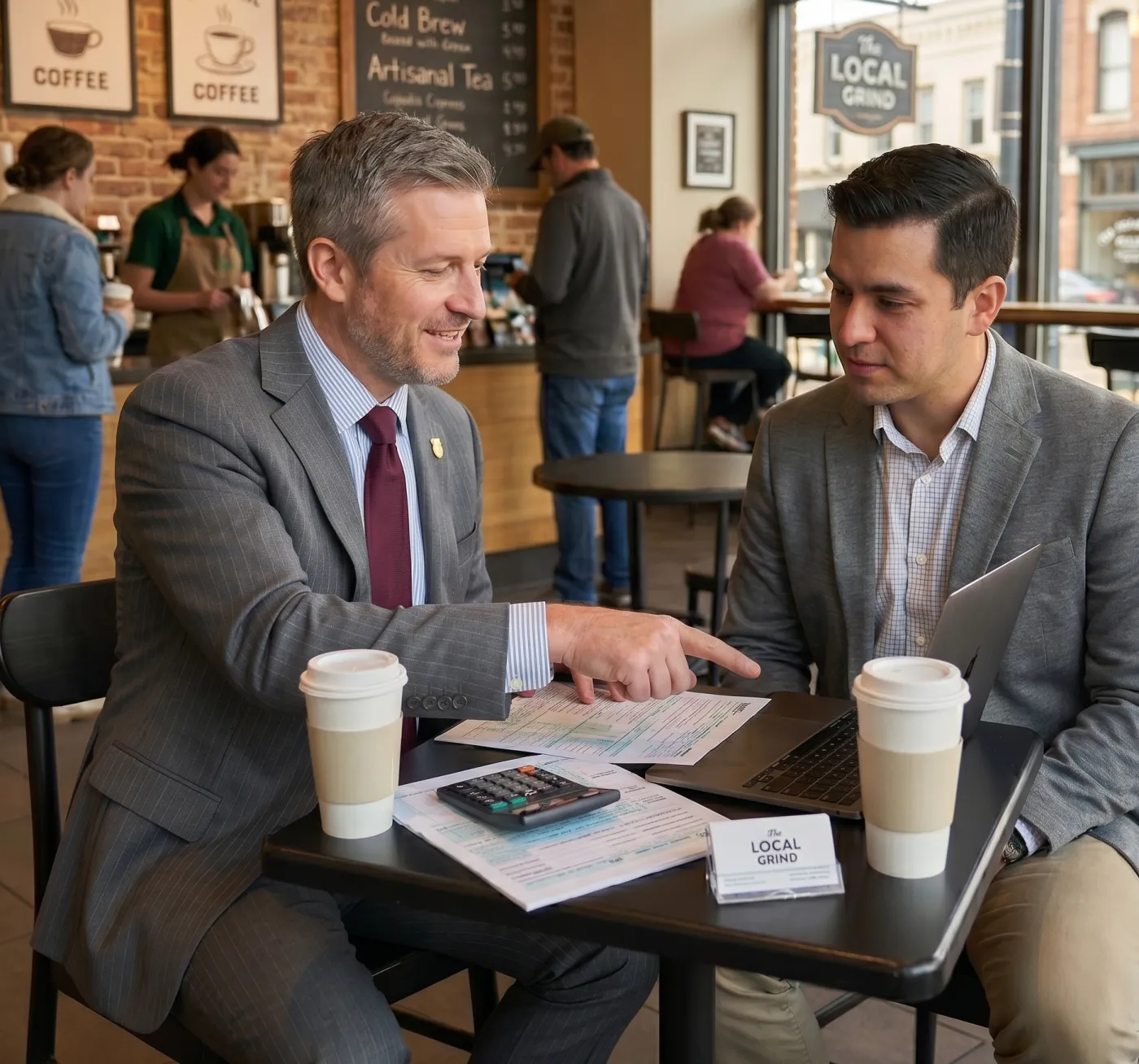 Michael Cowell going through three years of prior tax returns with a new client over coffee.