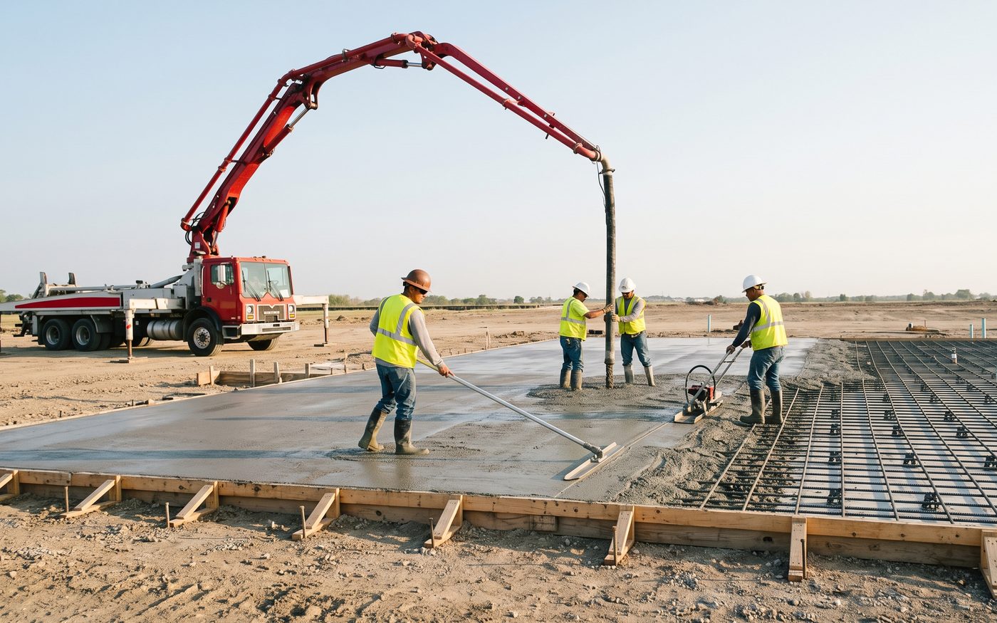 A concrete boom pump placing a structural slab while a crew screeds and floats the wet concrete