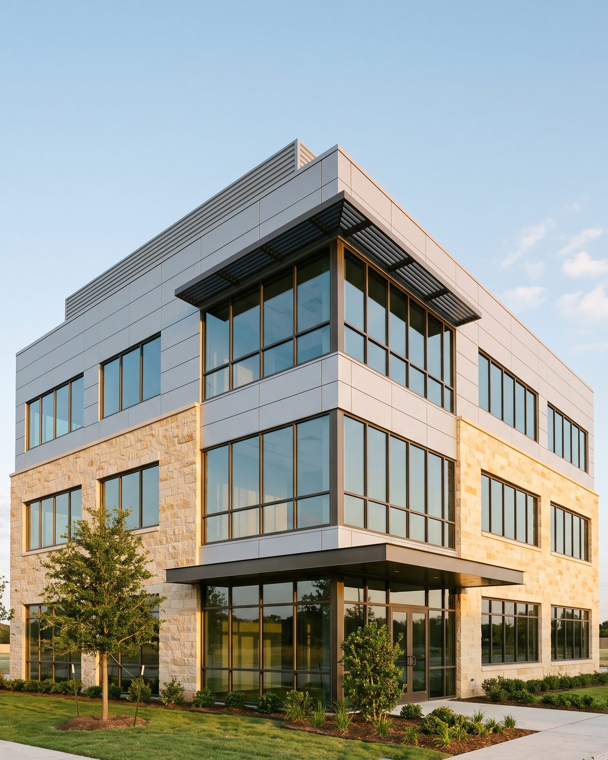 The finished Cedar Ridge Medical Pavilion in late afternoon light, three stories of limestone and metal panel with a projecting entry canopy
