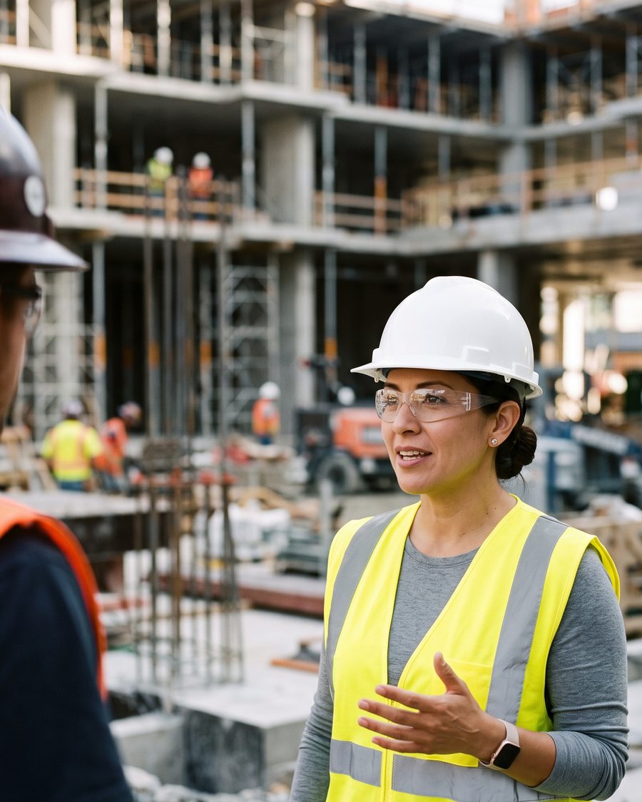 Marisol Vega talking with a worker on site, caught mid sentence