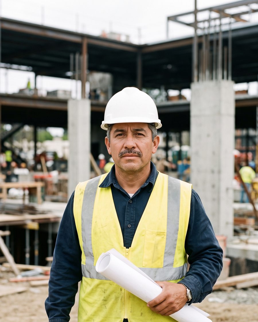 Tomás Herrera on a jobsite holding a rolled set of drawings