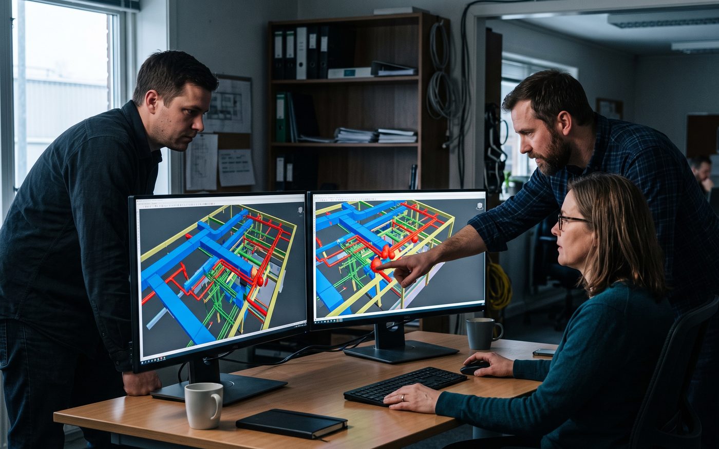 Three people reviewing a clash detection model of the overhead systems on two monitors