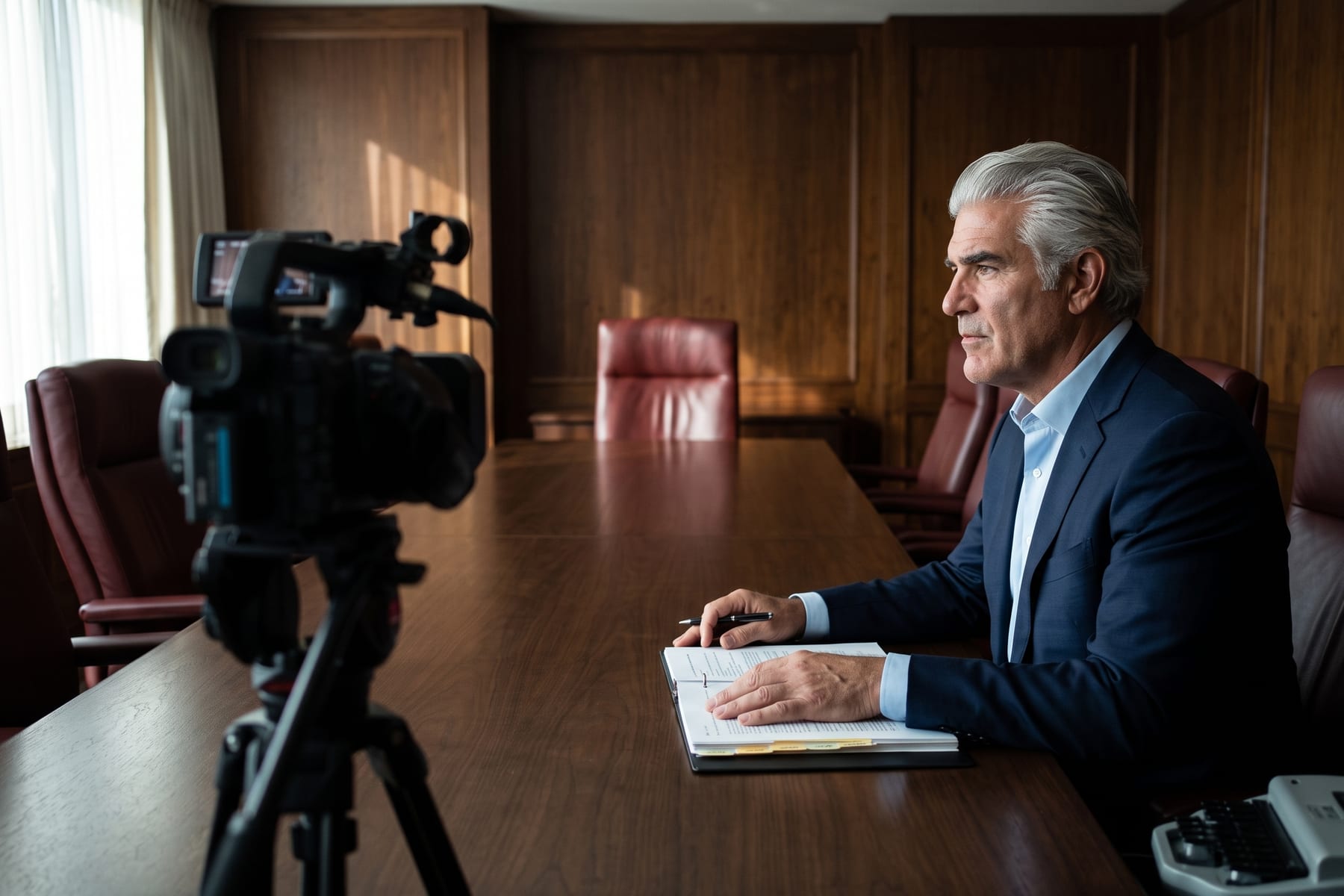Robert L. Bauder in profile at the firm's conference table during a deposition, one hand flat on an open tabbed binder, a video camera on a tripod aimed down the table at the empty witness chair