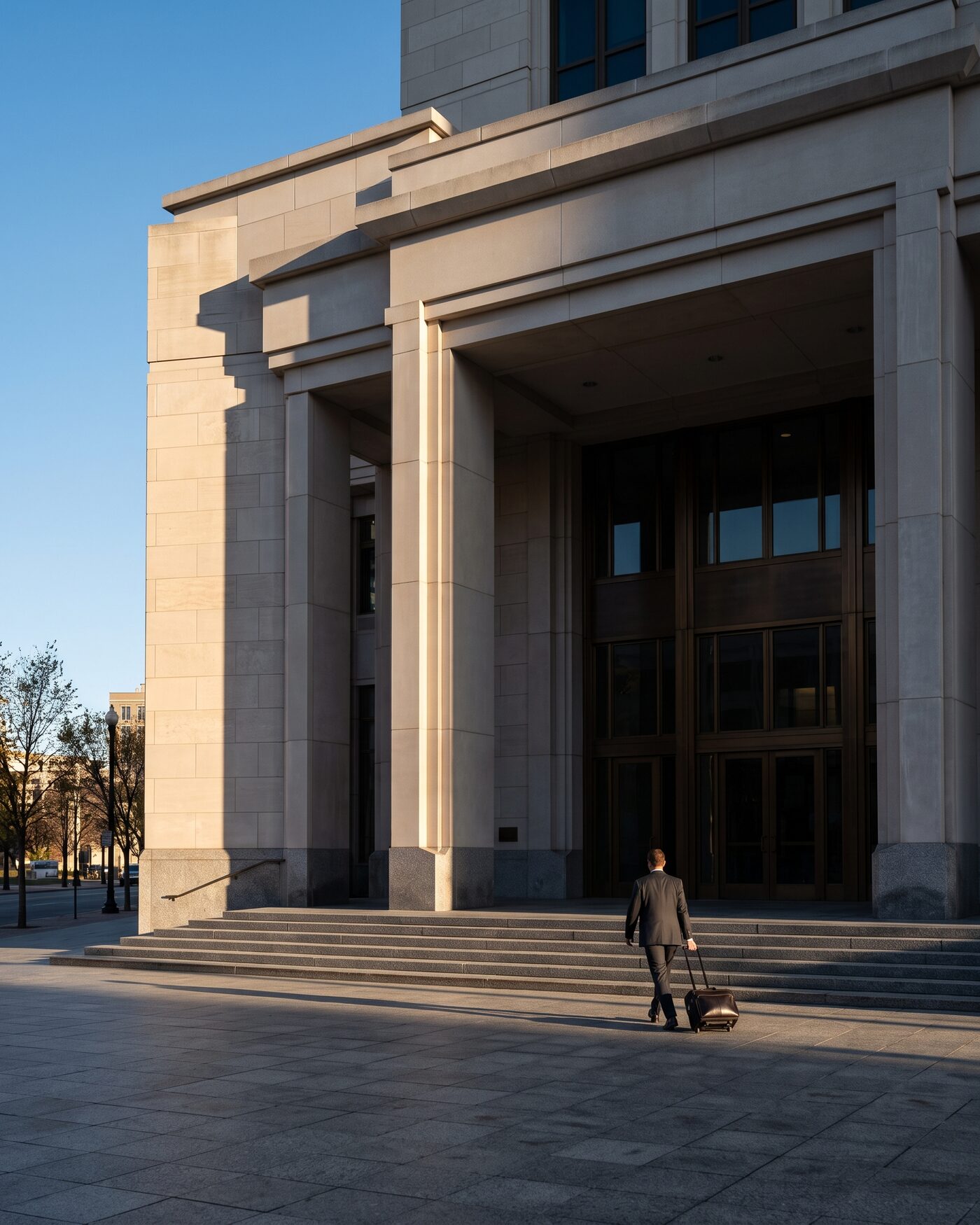 A lawyer walking a trial bag toward the doors of the Dallas County civil courts building at first light