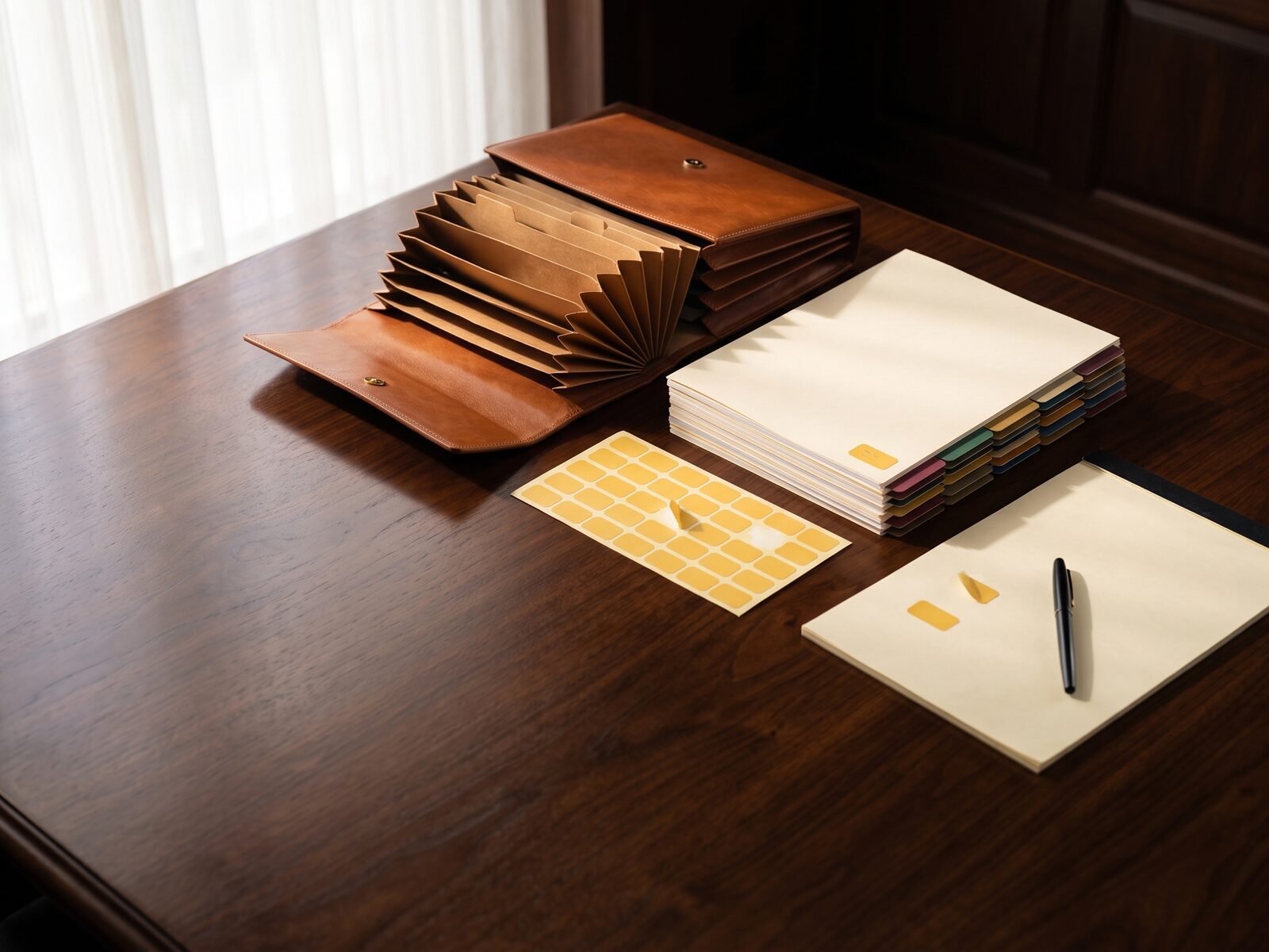 An expanding leather case file open on a walnut table beside a tabbed, indexed set of exhibits