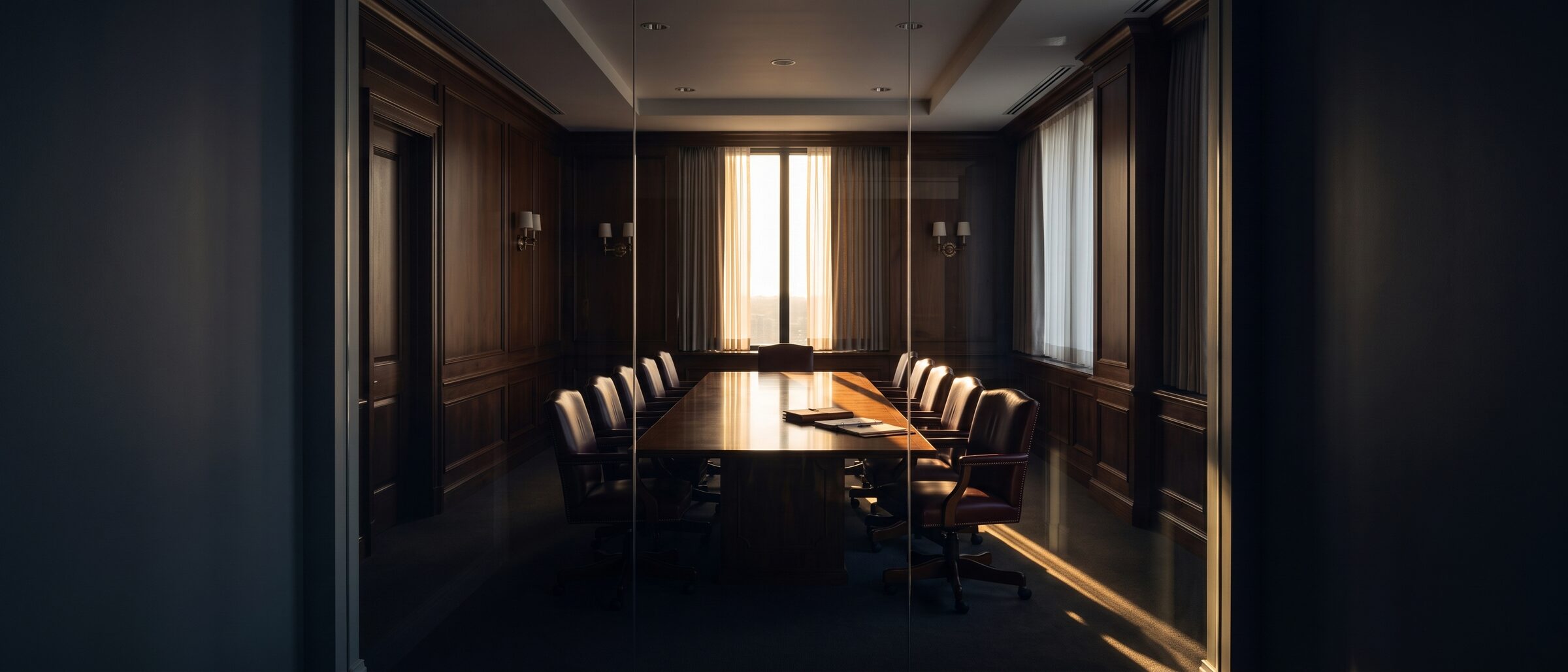 An empty wood-paneled conference room at dusk, late light across the table
