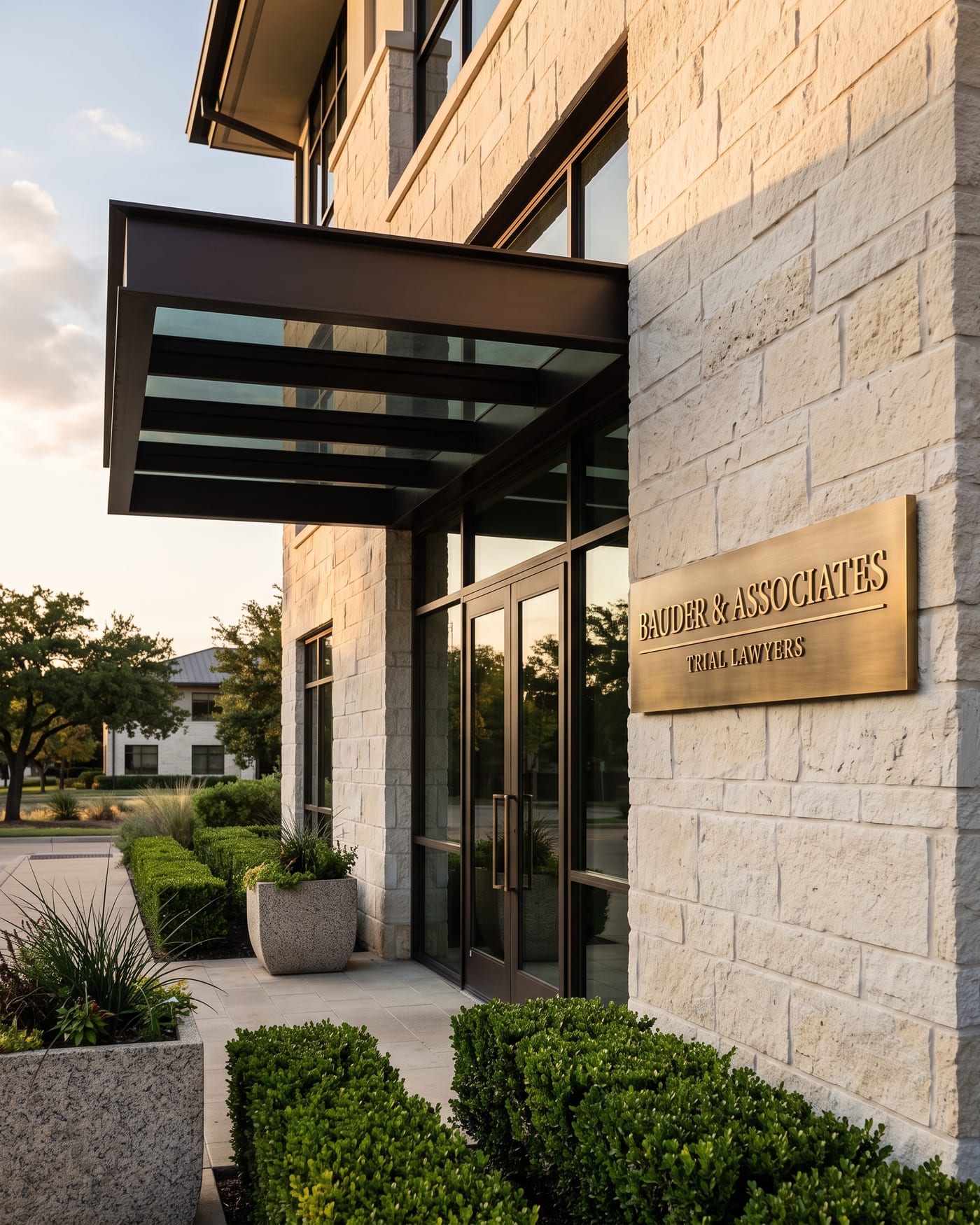 The firm's Plano entrance: pale limestone and bronze-framed glass under a broad canopy, clipped hedges and a brushed-brass plaque reading Bauder and Associates, Trial Lawyers