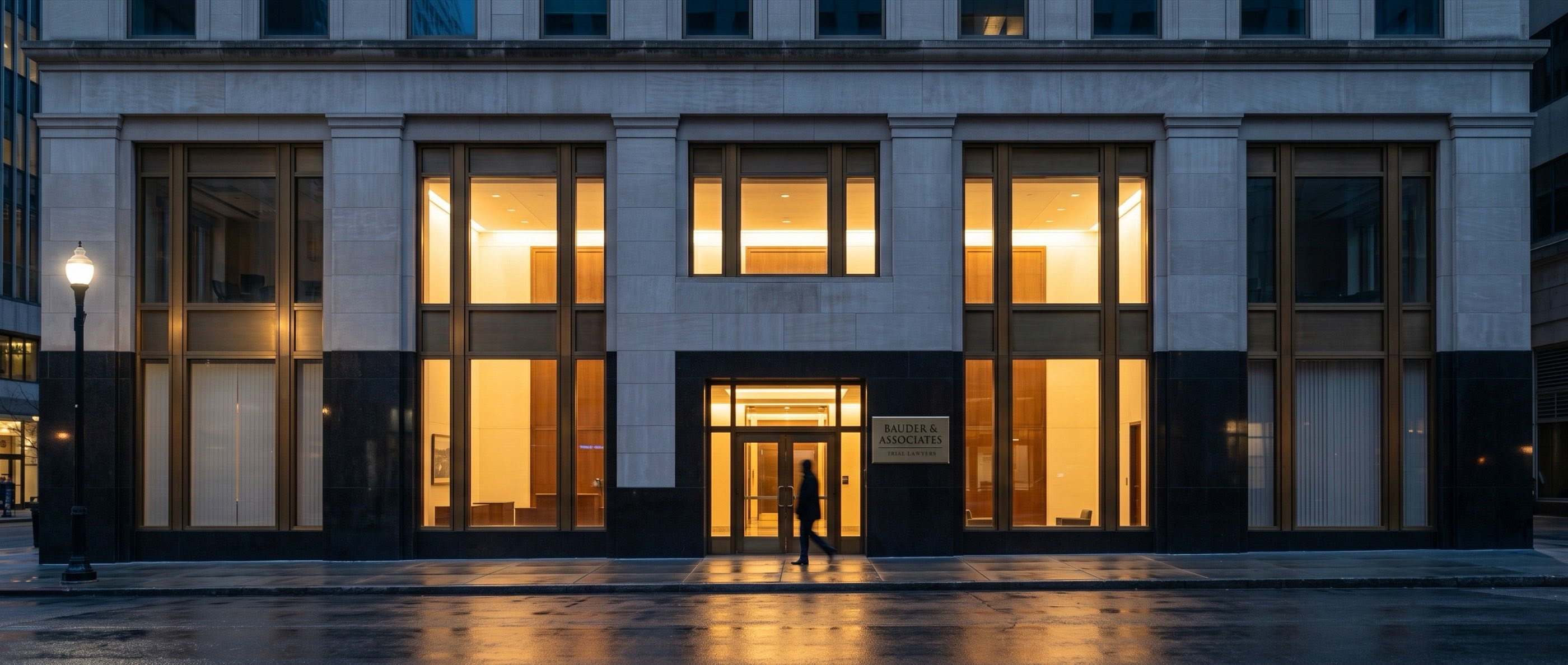 The firm's downtown Dallas building at dusk seen from across the street, the lobby lit warm behind the glass