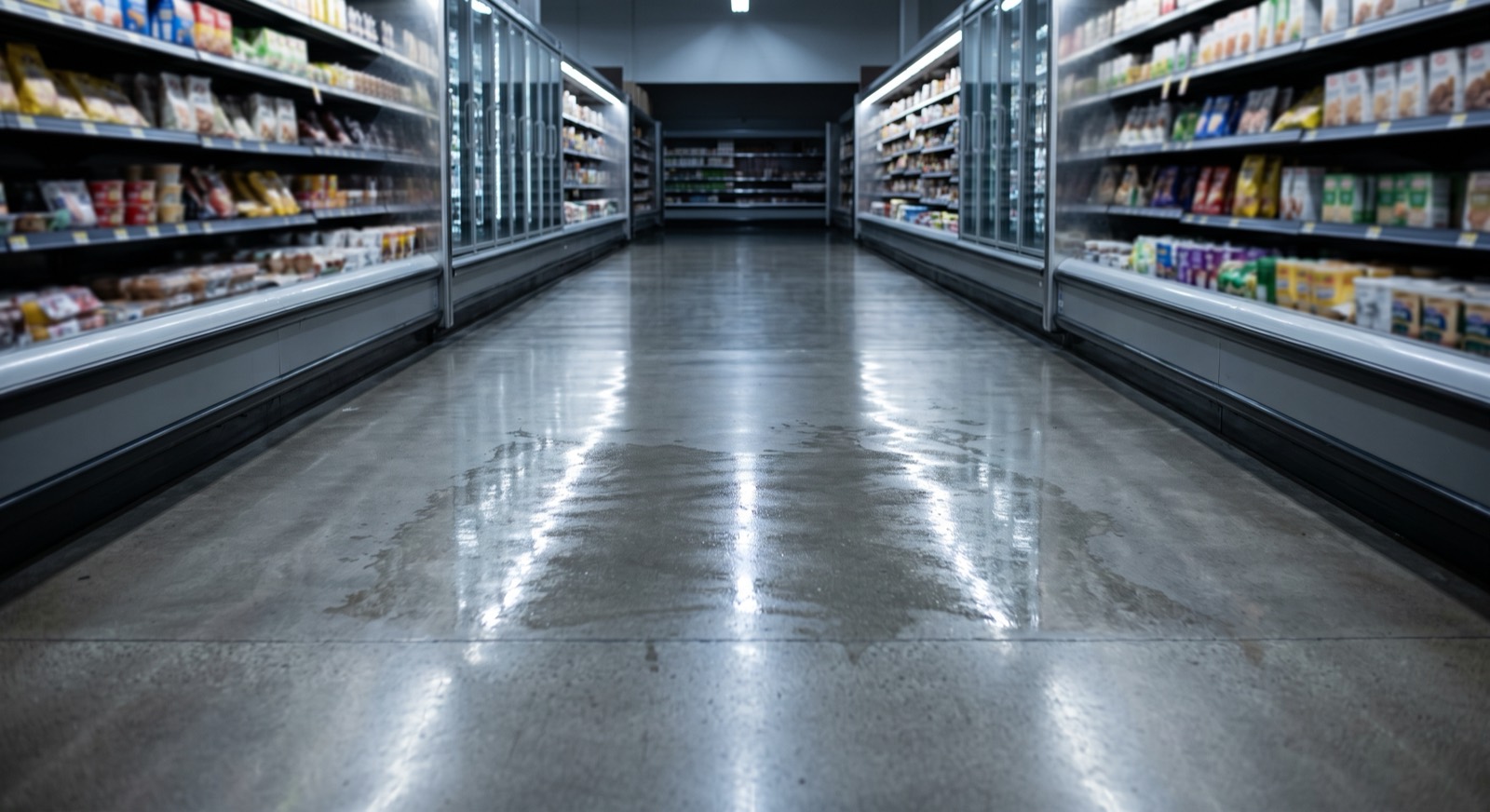 A long, empty grocery aisle with a wet sheen across the polished concrete floor and no warning cone, the ceiling lights reflected in it