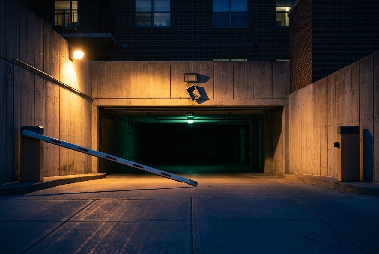 The night entrance of an apartment parking garage with its security barrier arm snapped and a camera housing hanging open above the dark mouth of the garage