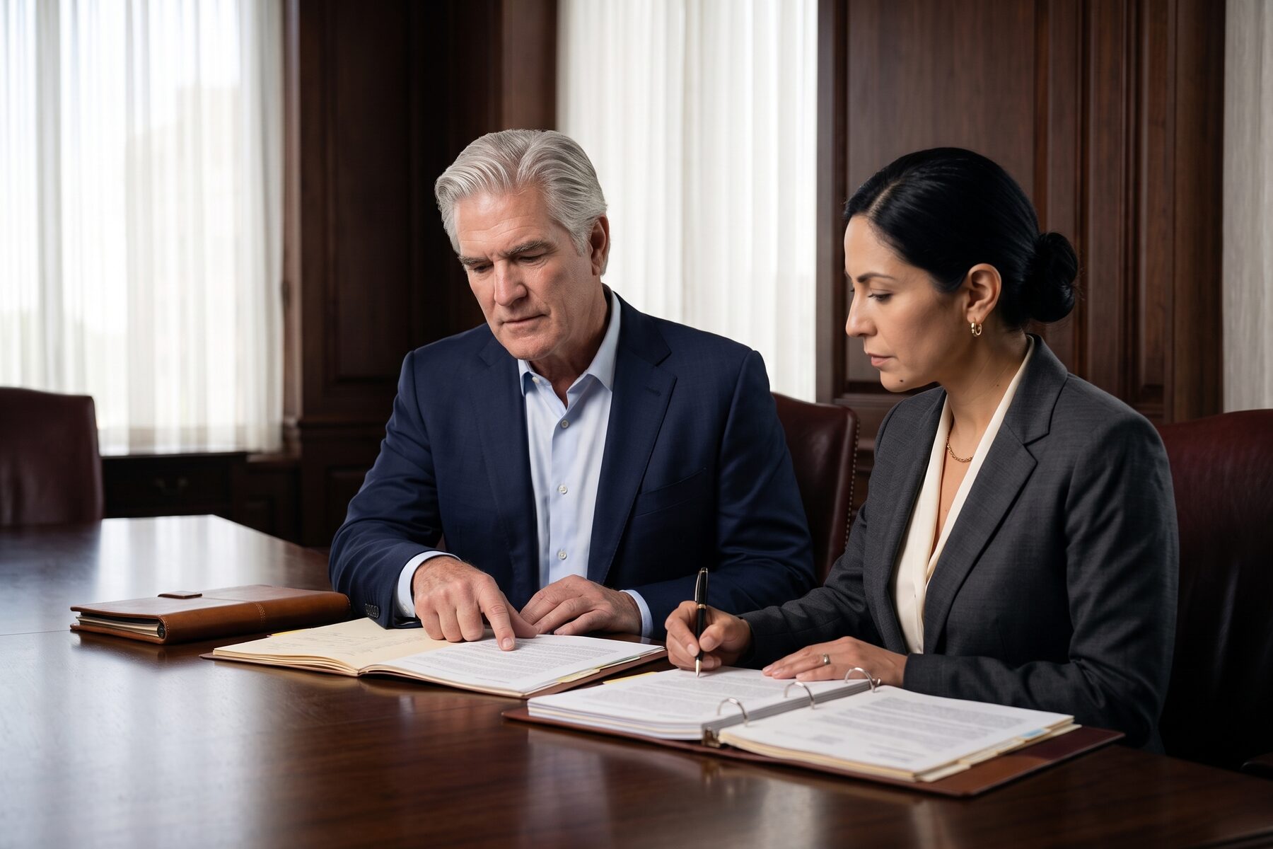 Robert L. Bauder and Elena M. Vasquez seated side by side, working one case file across the firm's conference table